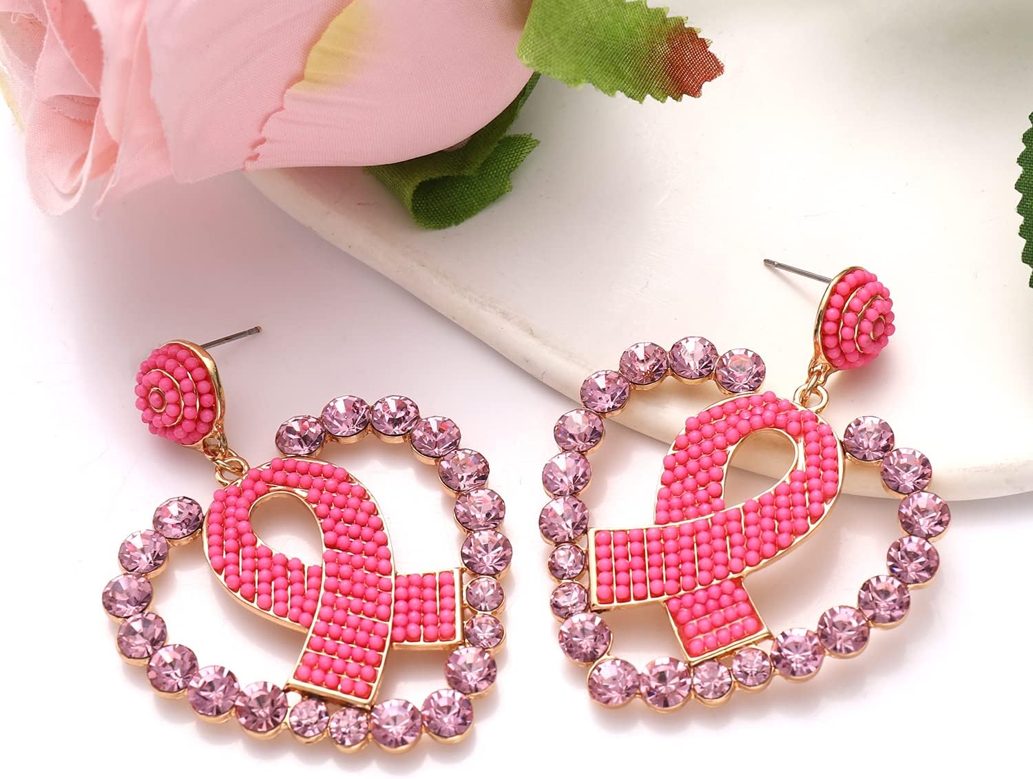 Breast Cancer Awareness Earrings Beaded Pink Ribbon Earrings for Women Glitter Rhinestone Heart Drop Dangle Earrings Statement Breast Cancer Survivor Jewelry Gifts (Crystal) - Image 3