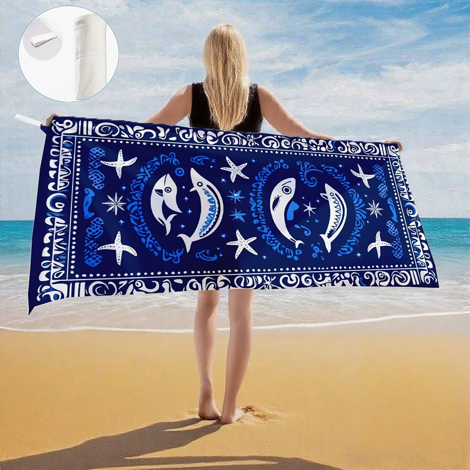 Telo Mare Microfibra, Telo Mare Grande 200x100 cm Set da 2, Antisabbia Asciugatura Rapida Assorbente Salvietta da Spiaggia Asciugamano per Palestra Piscina Viaggi Picnic, Regali Donna Pescare Q-775