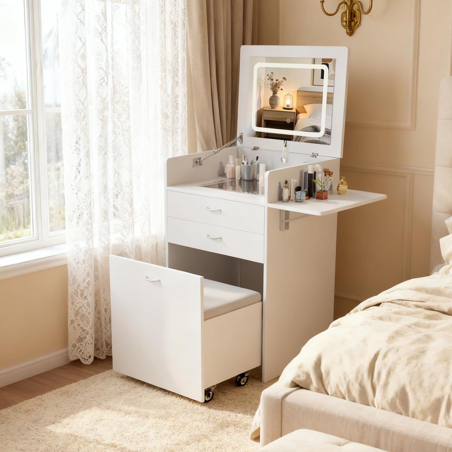 3 in 1 Vanity Desk with Flip Top Mirror Hidden Chair Compact Mini Makeup Vanity Hidden Vanity Nightstand Multi-Function Vanity Table for Home Bedroom
