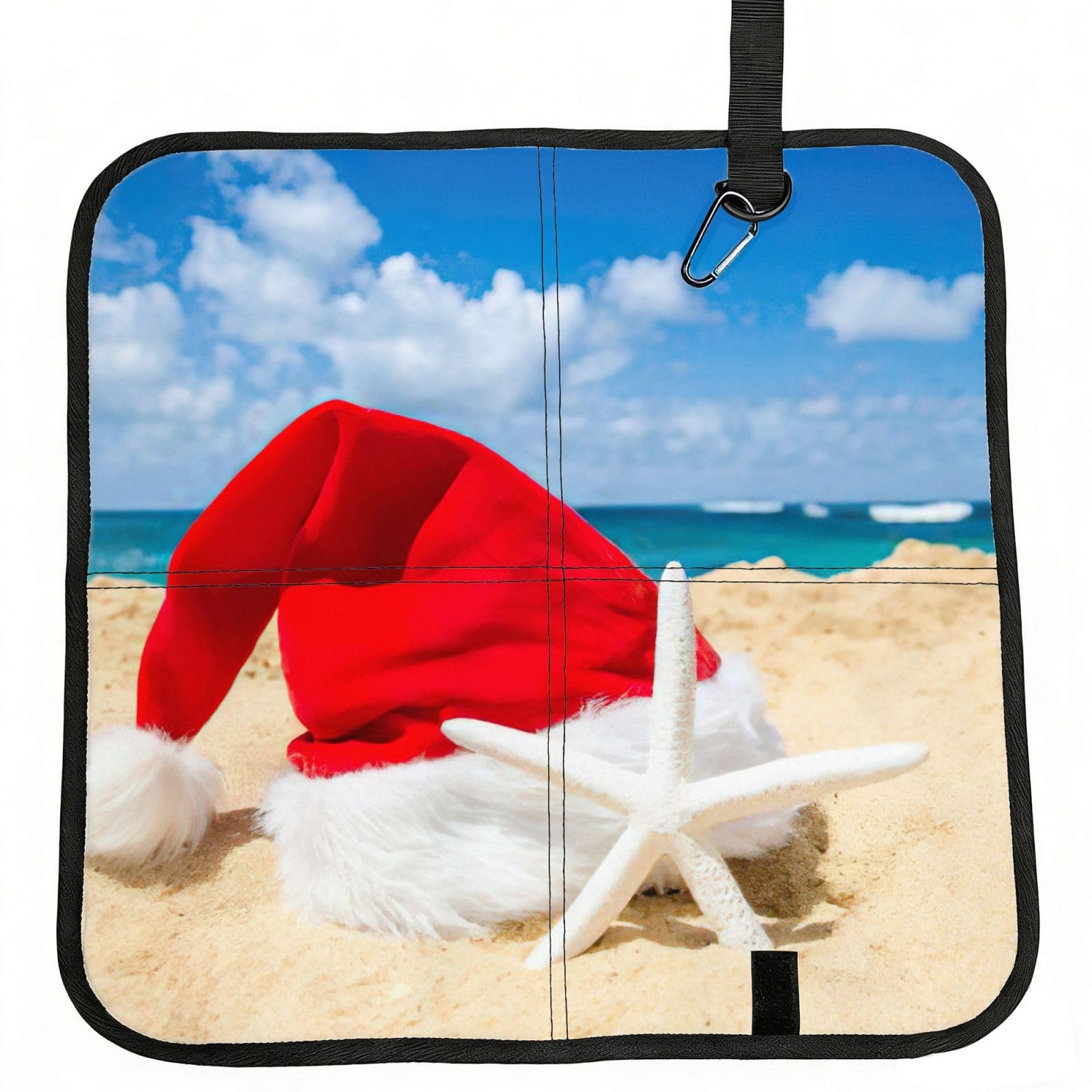 bghdfa Santa Hat On The Beach And Starfish Print Outdoor Sitting Mat Waterproof Oxford Cloth Seat Cushion Folding Foam Camping Seat For Picnic