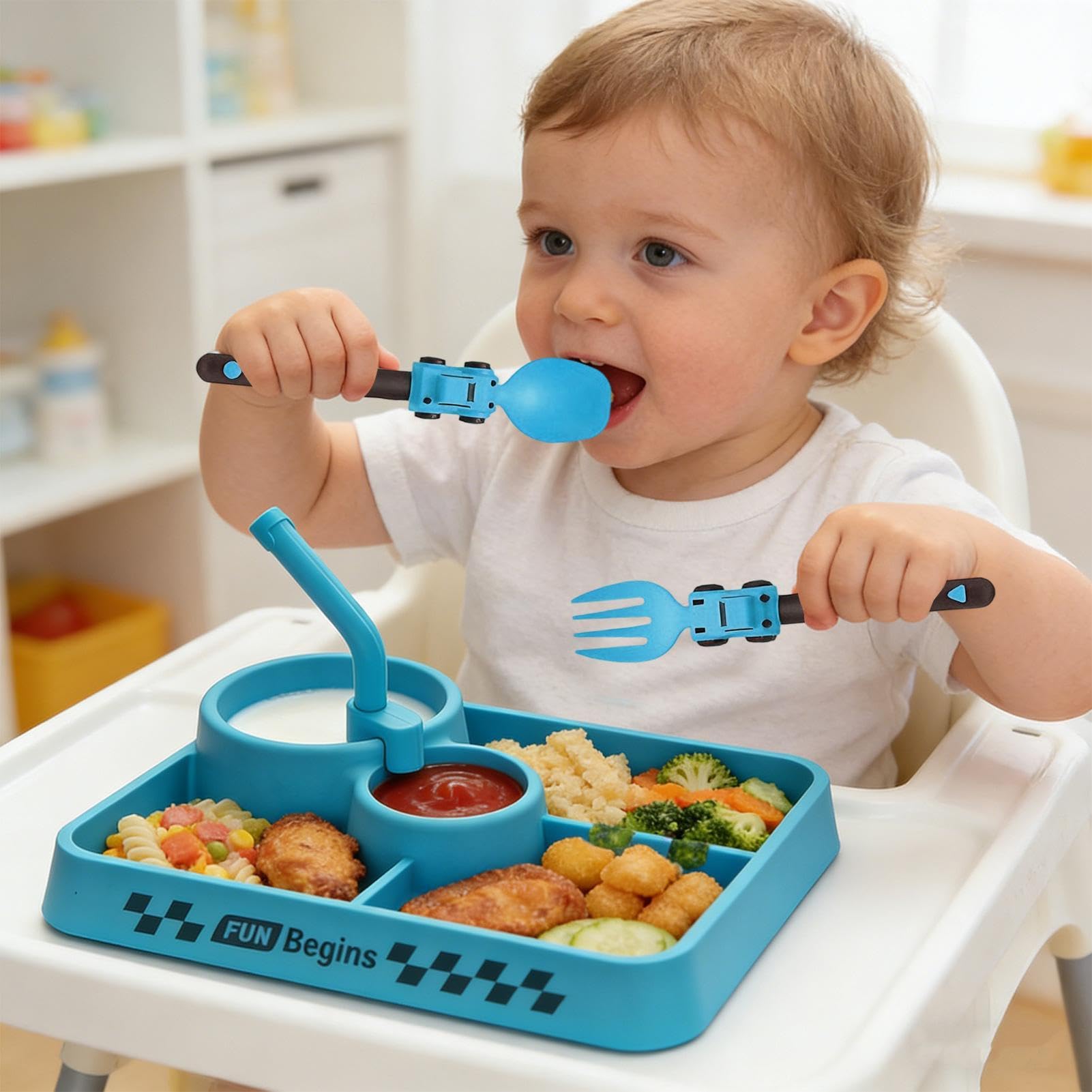 Ensemble d'ustensiles de repas Silicone Portable Autonome Set Table Enfant | Assiettes Compartimentées Couverts Pour Maison École Anniversaire Garçons Filles