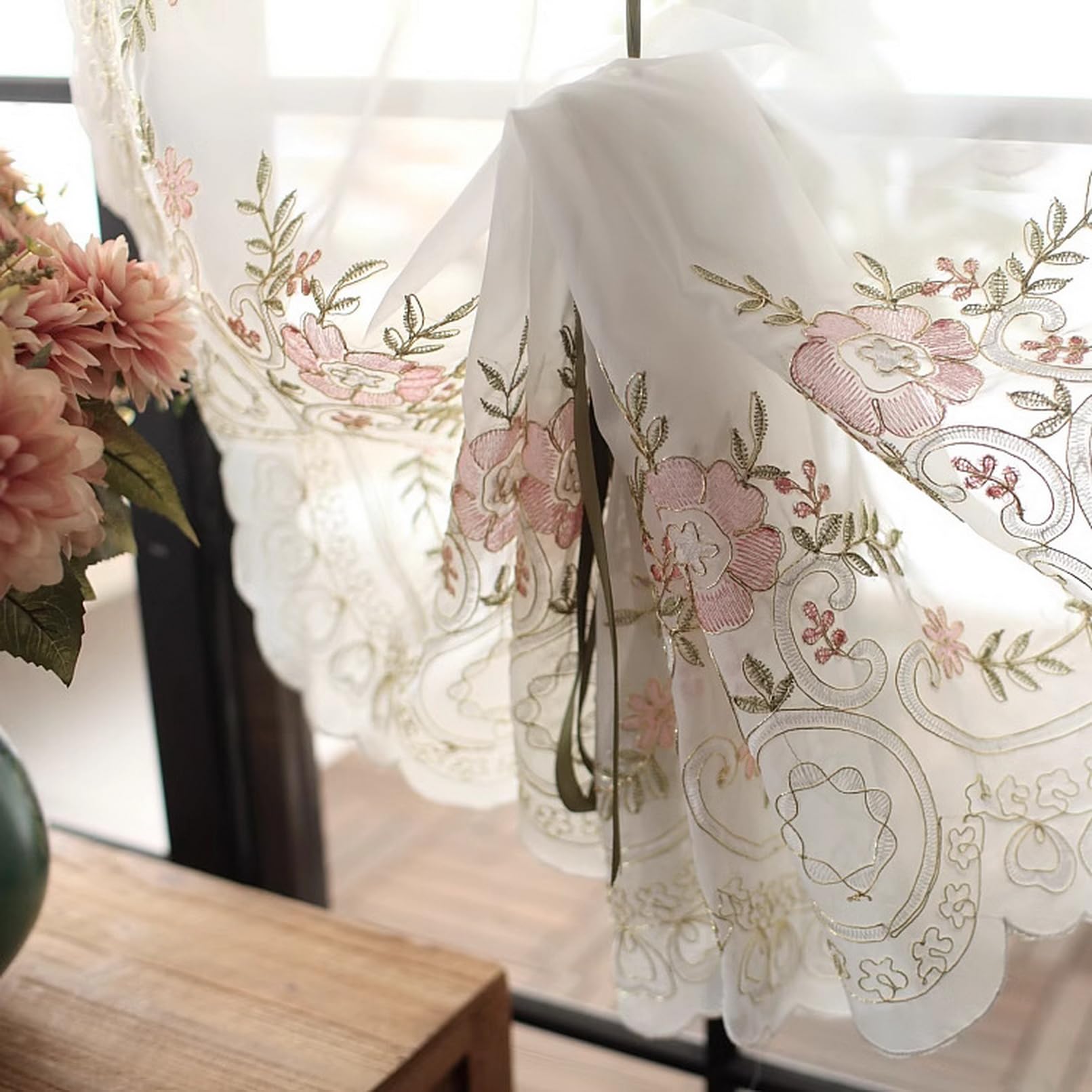 A.onaour Rideau de Cuisine Court Petit Transparent Blanc Voile Brodé