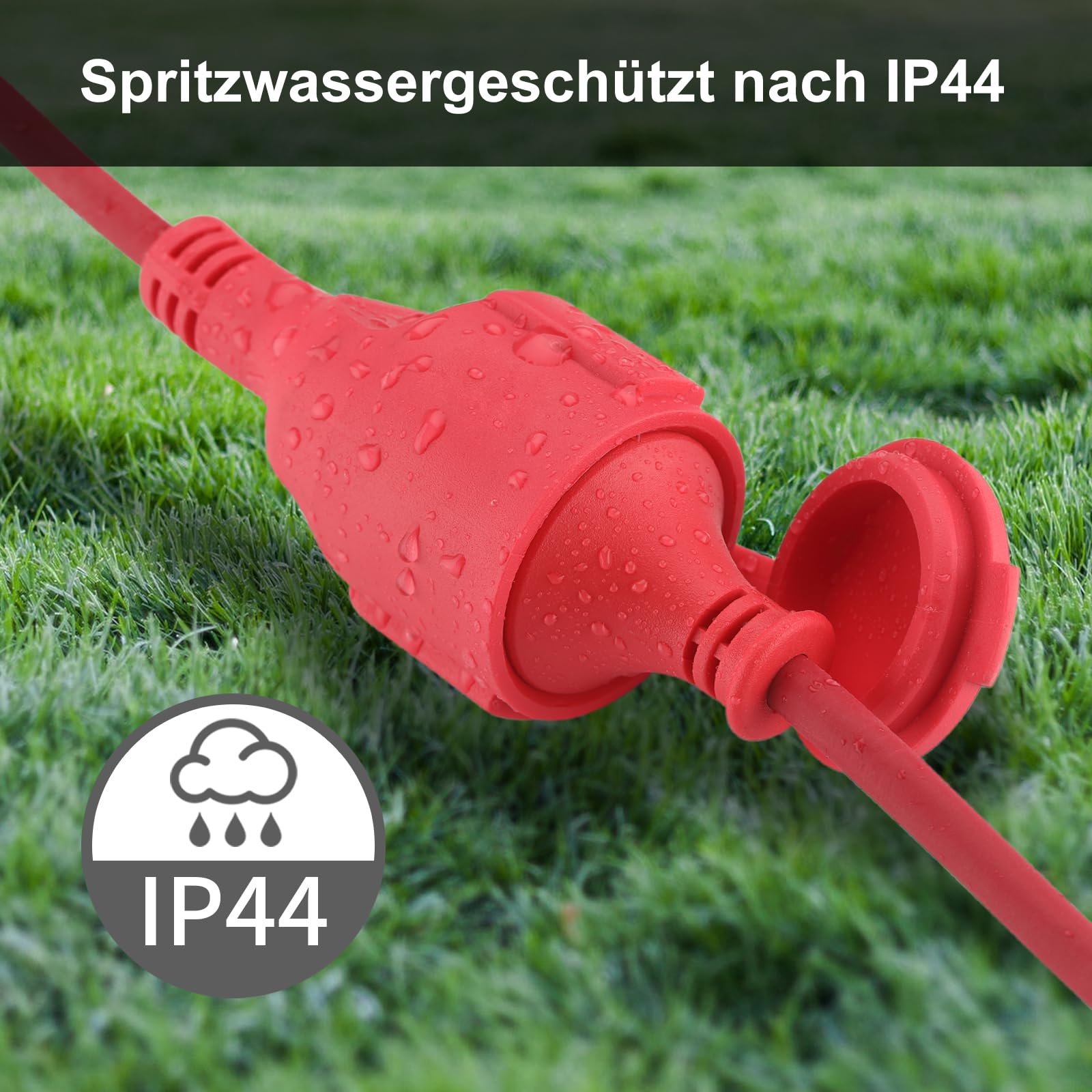 Cable alargador exterior 20 m para exteriores, de goma, con enchufe Schuko, IP44, cable de extensión 3 G1,5 mm², cable eléctrico exterior, con tapa protectora, 3500 W, rojo