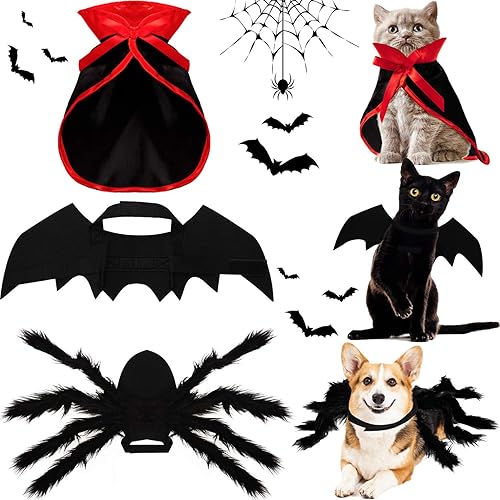 Juego de 3 piezas de disfraz de perro y gato de Halloween, capa de vampiro de murciélago para mascotas, disfraz de araña gigante de imitación para