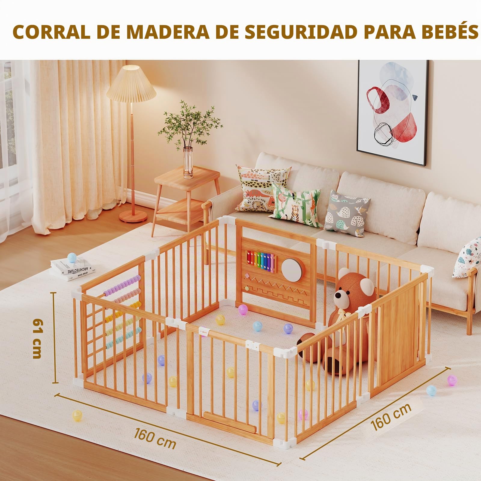 Meublaty Parque Bebé Plegable de Madera 160x160x61cm, Niño, Juegos -8 piezas | Modular y ajustable, Zona de juegos plegable, Recinto de seguridad, Uso interior