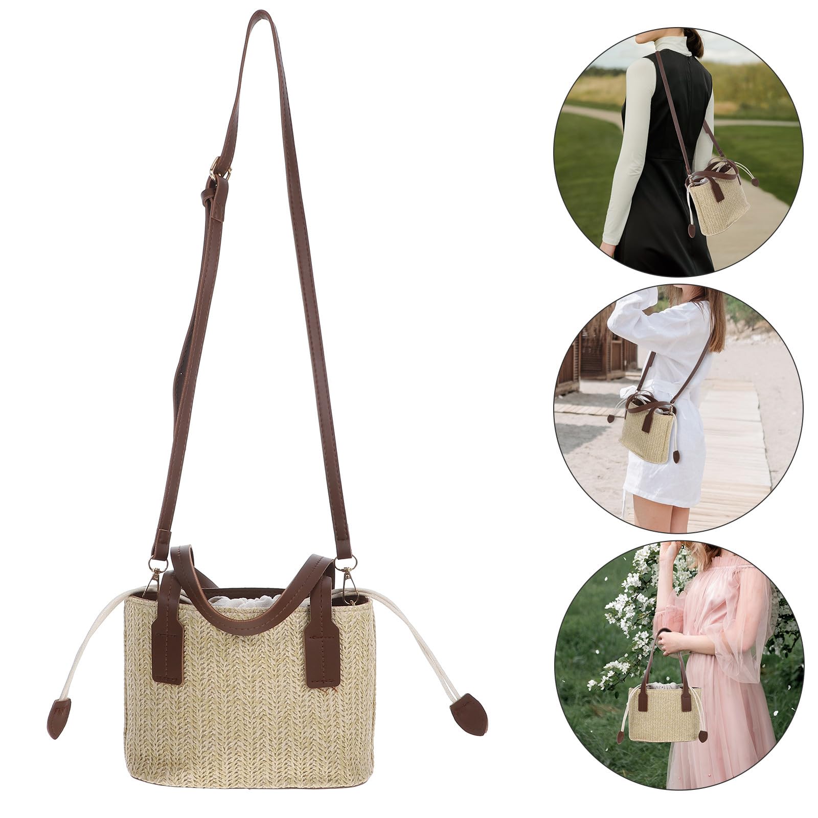 POPETPOP Borsa Secchiello in Paglia Intrecciata Grande Capacità e Tracolla Portatile, Stile Semplice e Moderno per Viaggi e Shopping Estivi
