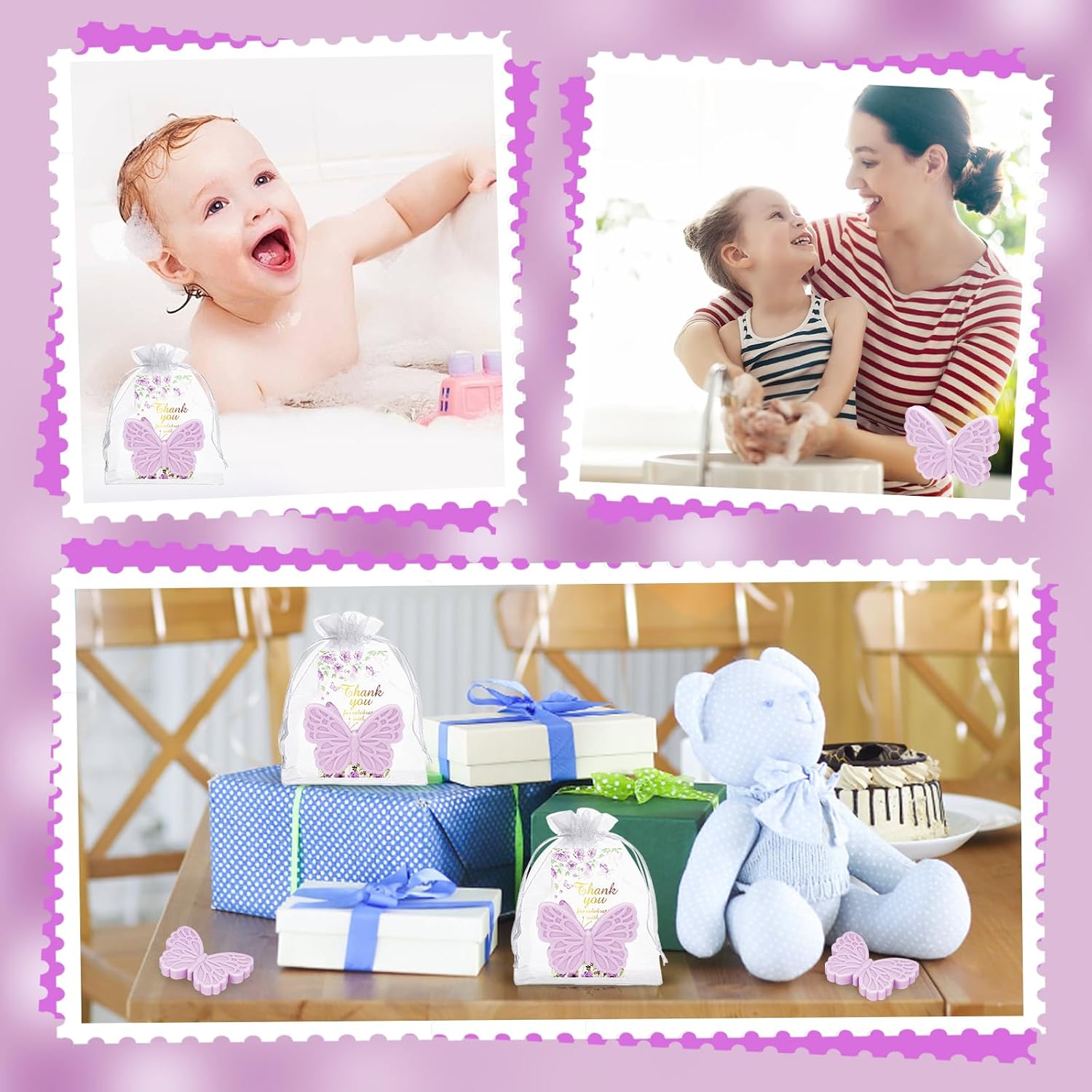 50 Sets Butterfly Baby Shower Favors for Guests Butterfly Soap Favors Handmade Scented Soap with Thank You Cards Organza Bags for Gender Reveal Baptism Decorations Wedding Bridal Gift (50, Purple)