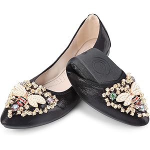 KUNWFNIX Women Ballet Flats Rhinestone Wedding Ballerina Shoes Foldable Sparkly Comfort Slip on Flat Shoes 7.5 #A6_black