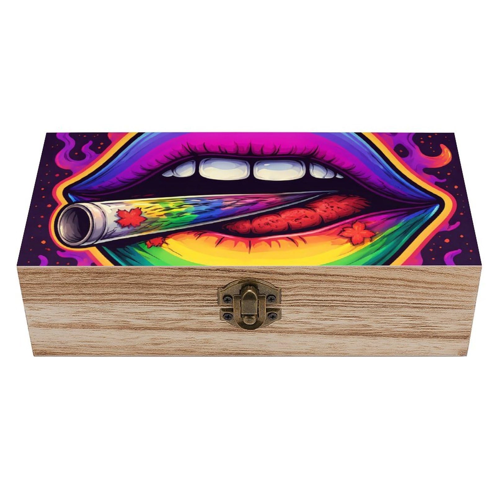 HLBSDM Trippy Rainbow Weed Lip Stoner Art 01 Wooden Storage Box