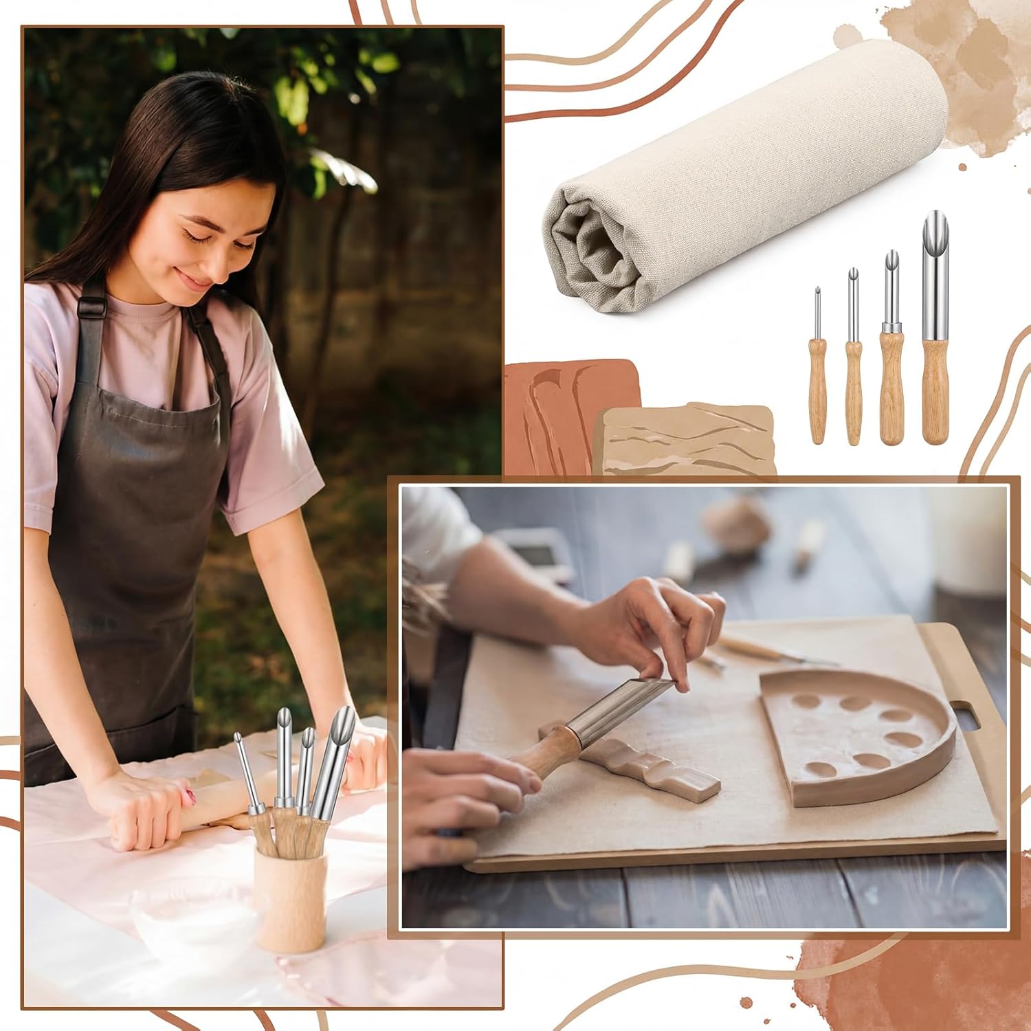 Gisafai 6 Pack Clay Craft Kit Including 1 Clay Wedging Board 1 Pottery Special Linen Hessian and 4 Stainless Steel Circular Clays Hole Cutters Pottery Tools and Supplies for Drilling and Sculpture