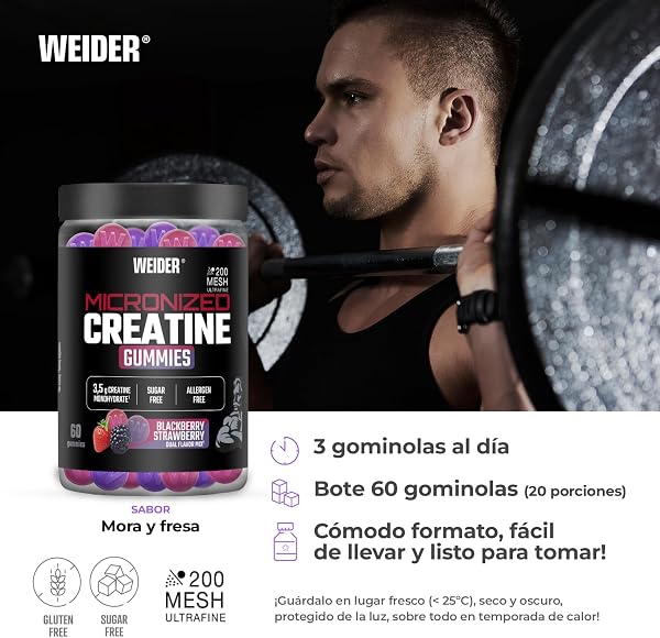 Weider Micronized Creatine Gummies (60 gominolas) Sabor DUO Fresa-Mora, con 3,5g creatina monohidrato 200 MESH/porción, Certificado por laboratorio Europeo, ayuda al rendimiento físico (20 porciones) - 4