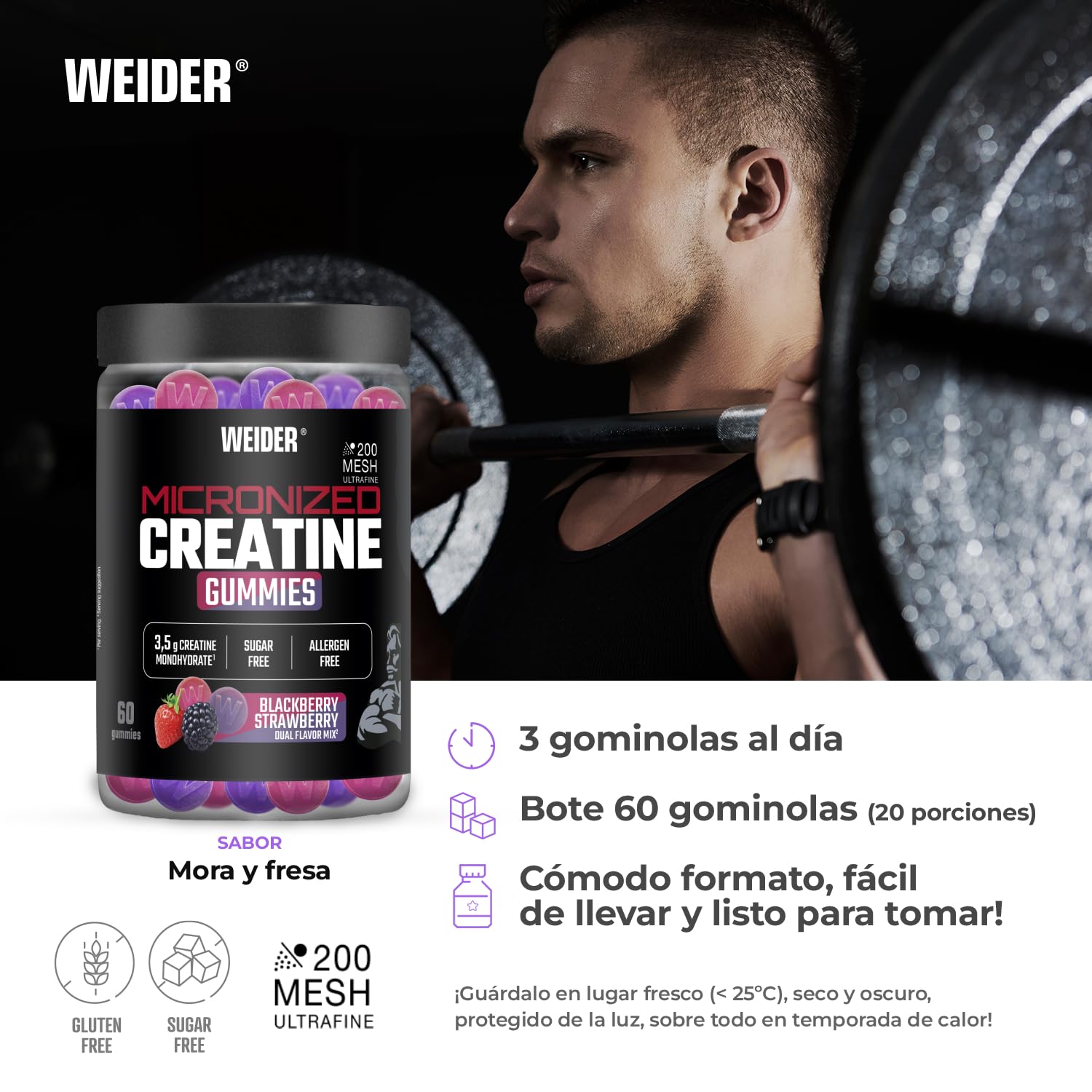 Weider Micronized Creatine Gummies (60 gominolas) Sabor DUO Fresa-Mora, con 3,5g creatina monohidrato 200 MESH/porción, Certificado por laboratorio Europeo, ayuda al rendimiento físico (20 porciones)