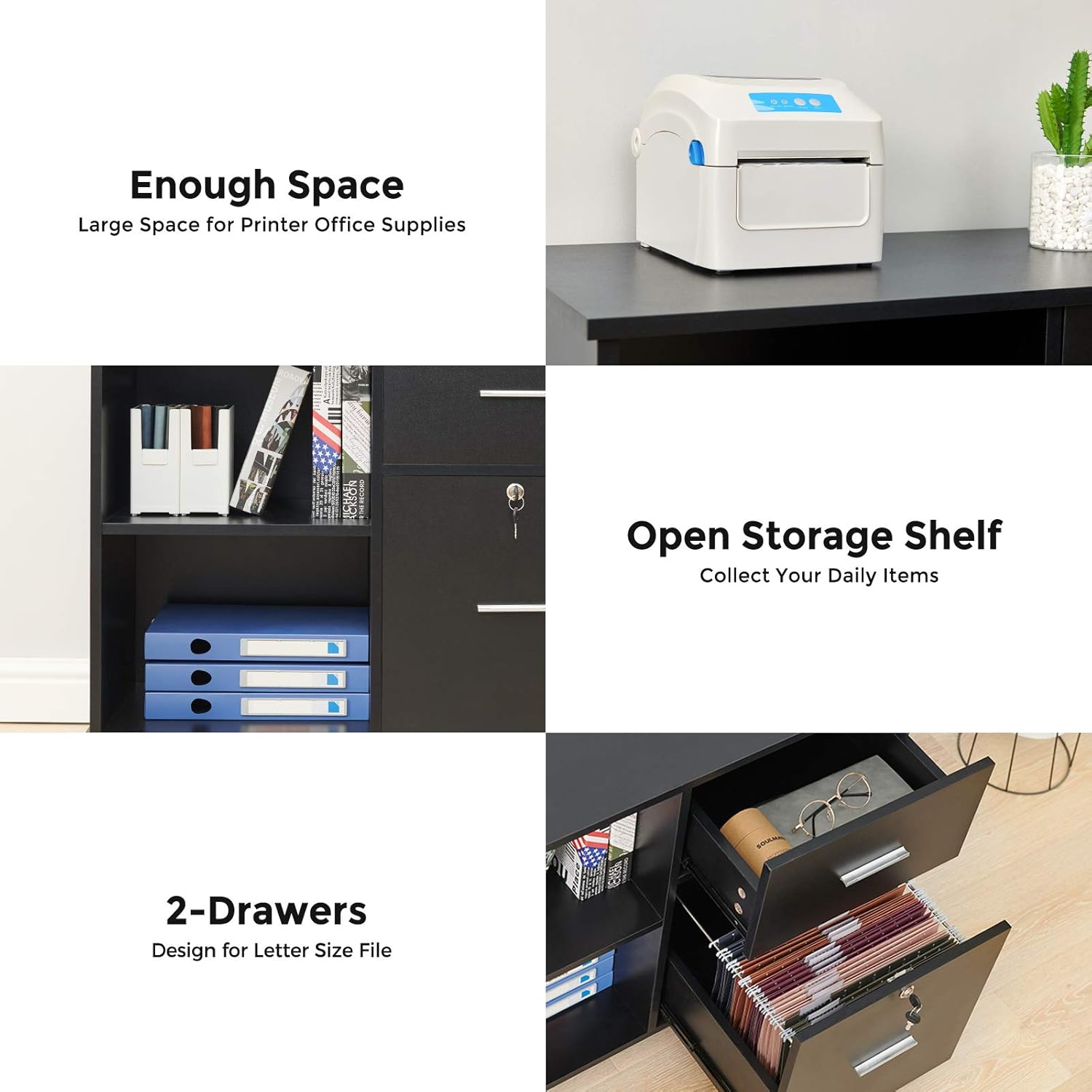 GreenForest 2 Drawers File Cabinet Wooden Lateral File Cabinet with Open Storage Shelves Printer Stand Rolling File Cabinets with Lock for Letter Size or A4 Hanging File Folders, Black : Office Products