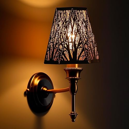 Miniatura 9 de Juego de 2 bombillas de metal de bosque con doble grabado para bombillas de candelabro, pantalla de metal de barril para lámpara de pared de lámpara