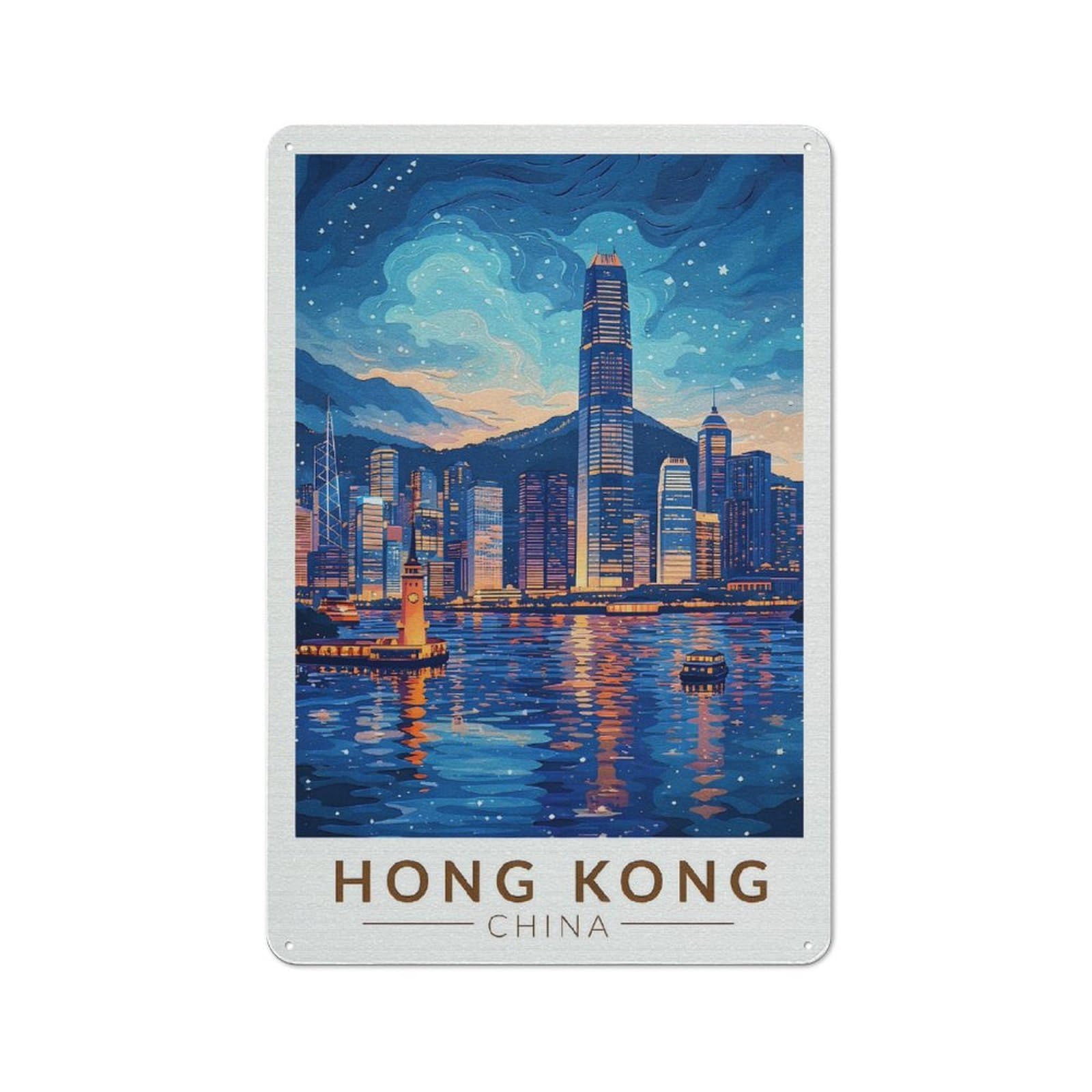 Junmoney Style-13 30X20cm Retro Tin Sign With Hong Kong Skyline At Night For Living Room Wall, Housewarming Present For People Styling Living Room