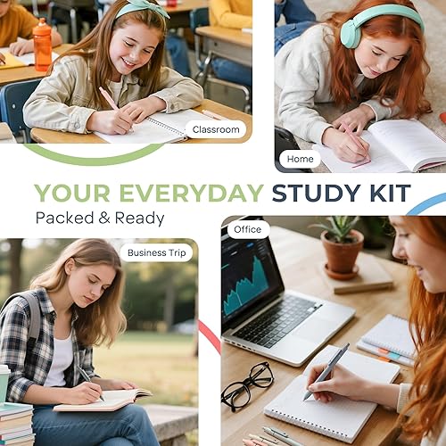 Vista 5 de Nicpro 50 piezas de suministros escolares estéticos con lindo estuche de lápices, 5 bolígrafos de tinta negra de secado rápido, 12 resaltadores Verde