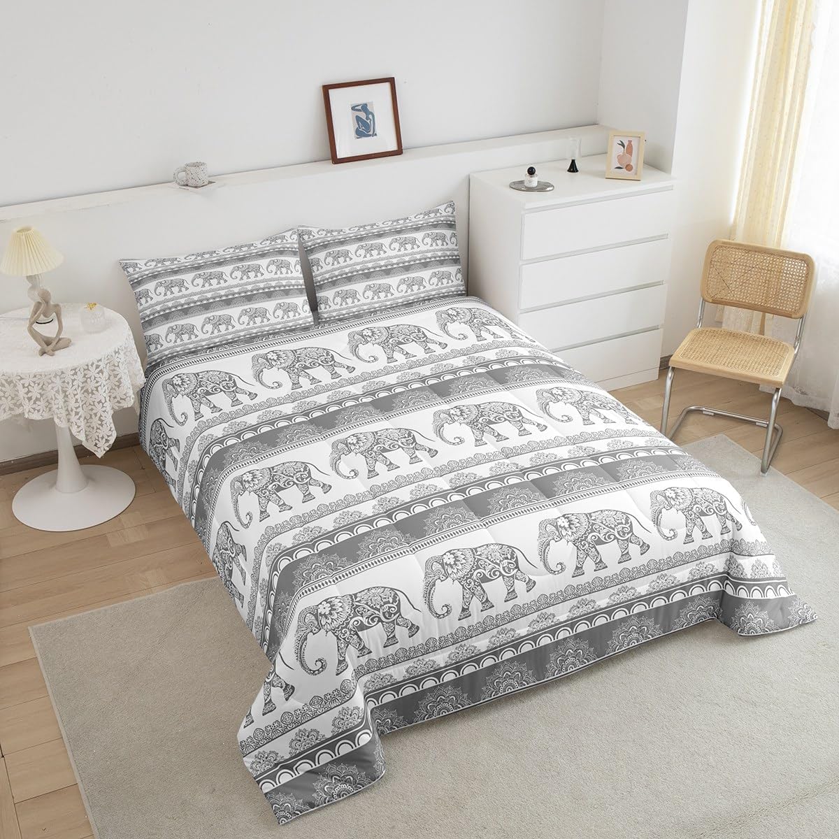 Feelyou Elephant Bedding Set for Girls Boys Kids Queen Size Bohemian Comforter Ethnic Elephant Print Comforter Set Grey White Quilt Set 3Pcs