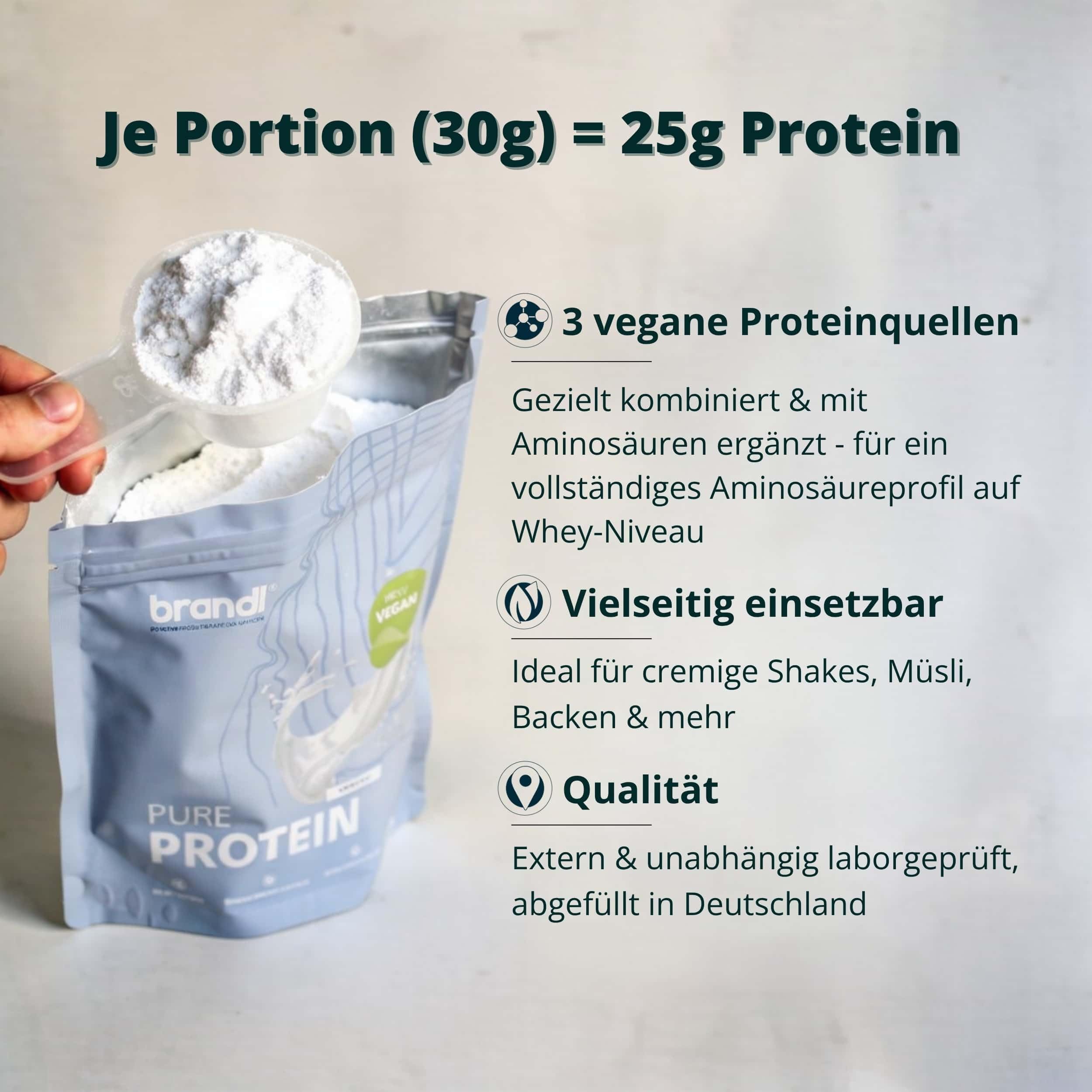 Veganes Proteinpulver Pure - 30g Protein vegan pro Portion - Geschmacksneutral Protein Pulver 1000g - mit Eiweiß, löslich im Wasser, Smoothie oder Coffee - hochwertige vegan Proteinquellen von brandl®