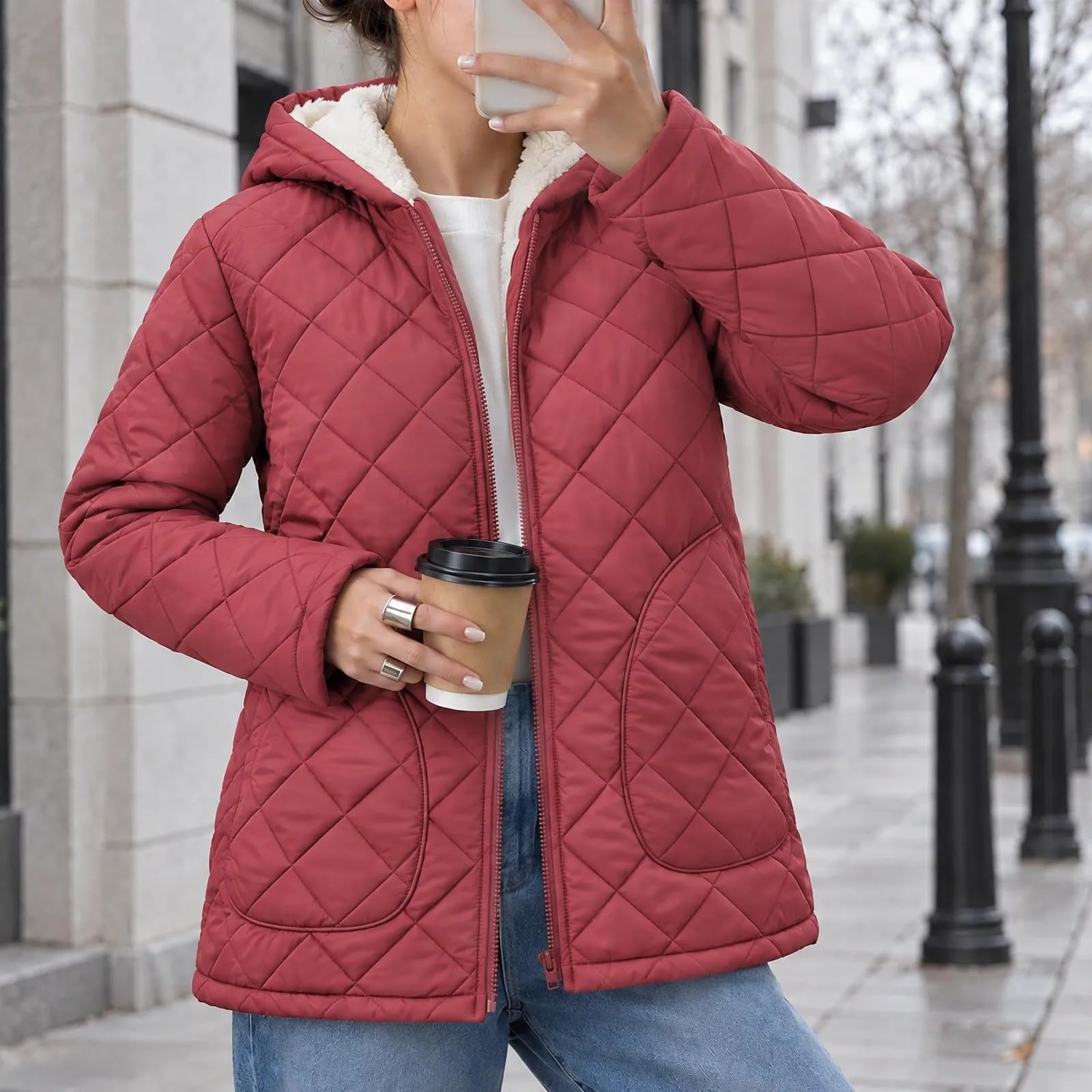 Steppjacke Damen Gepolsterte Übergangsjacke mit Kapuze Taschen Freizeit Winterjacke Reißverschluss Warm Gefüttert Fleecejacke Herbst Winter Outdoor Jacken Steppmantel