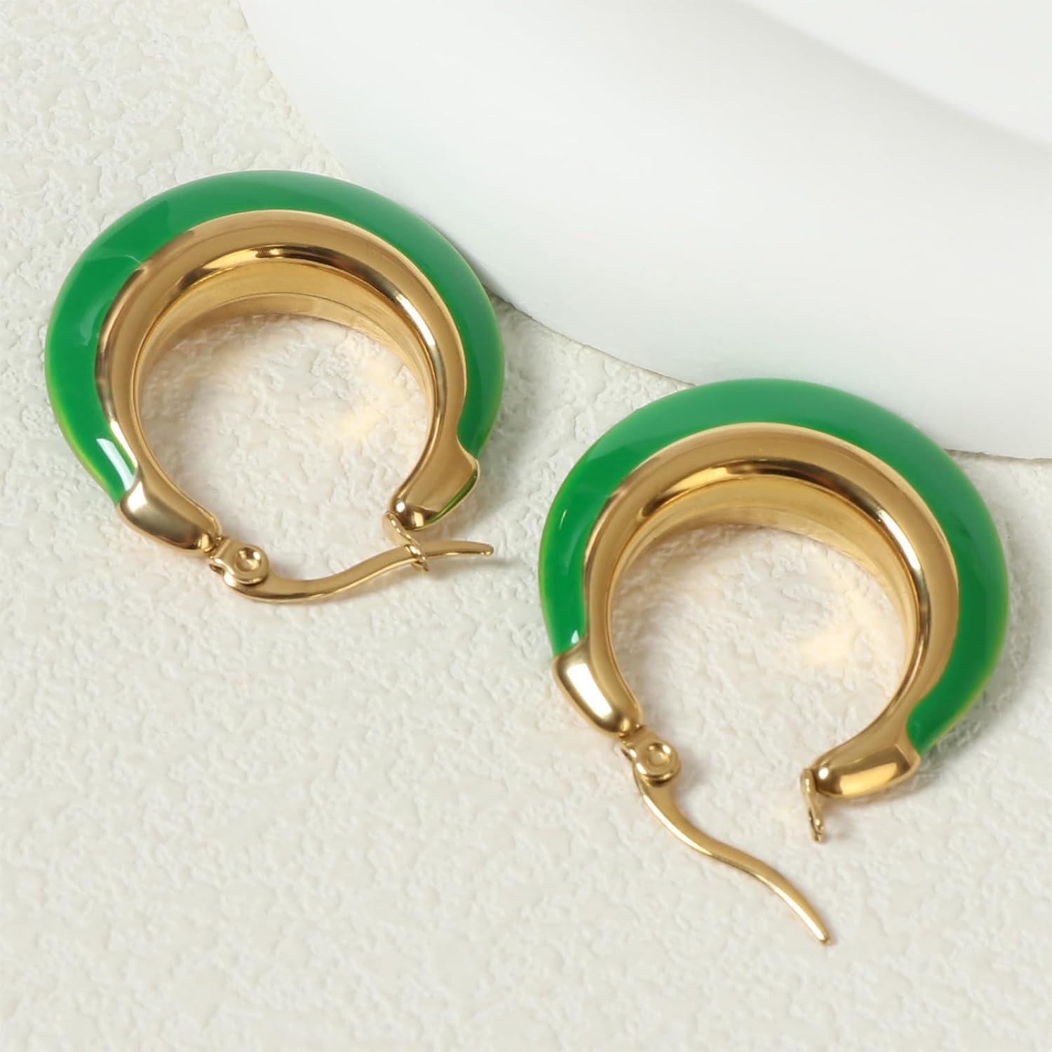 Chunky Enamel Hoop Earrings for Women 18K Gold Plated Bamboo Checkered Huggie Earrings Enamel Jewelry Gift for Her
