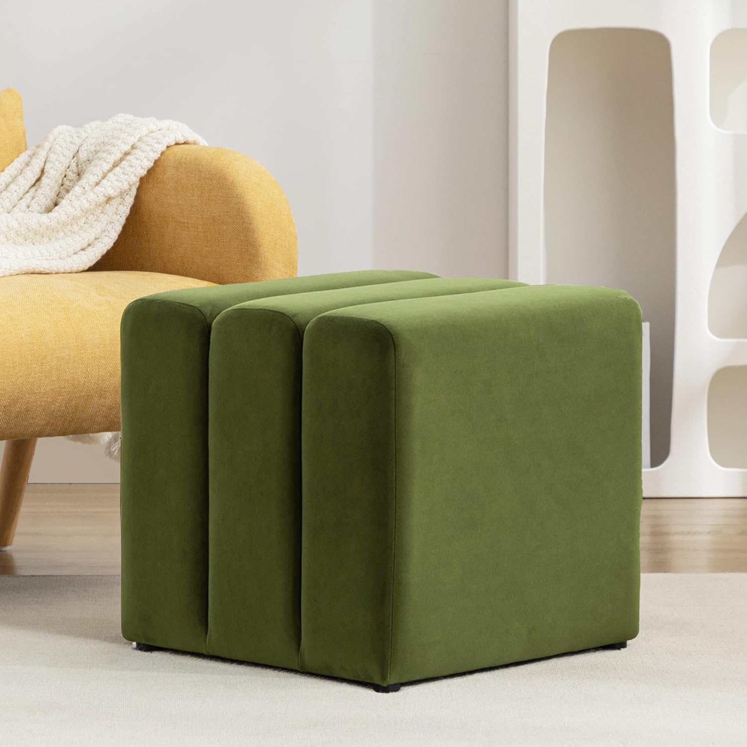 ONEVOG 18" Large Square Ottoman Foot Rest, Olive Green Velvet Fabric Upholstered Modern Cube Footstool, Vanity Stools, Couch Footrest, Comfy Ottoman Pouf Seat for Living Room, Bedroom, Coffee Table