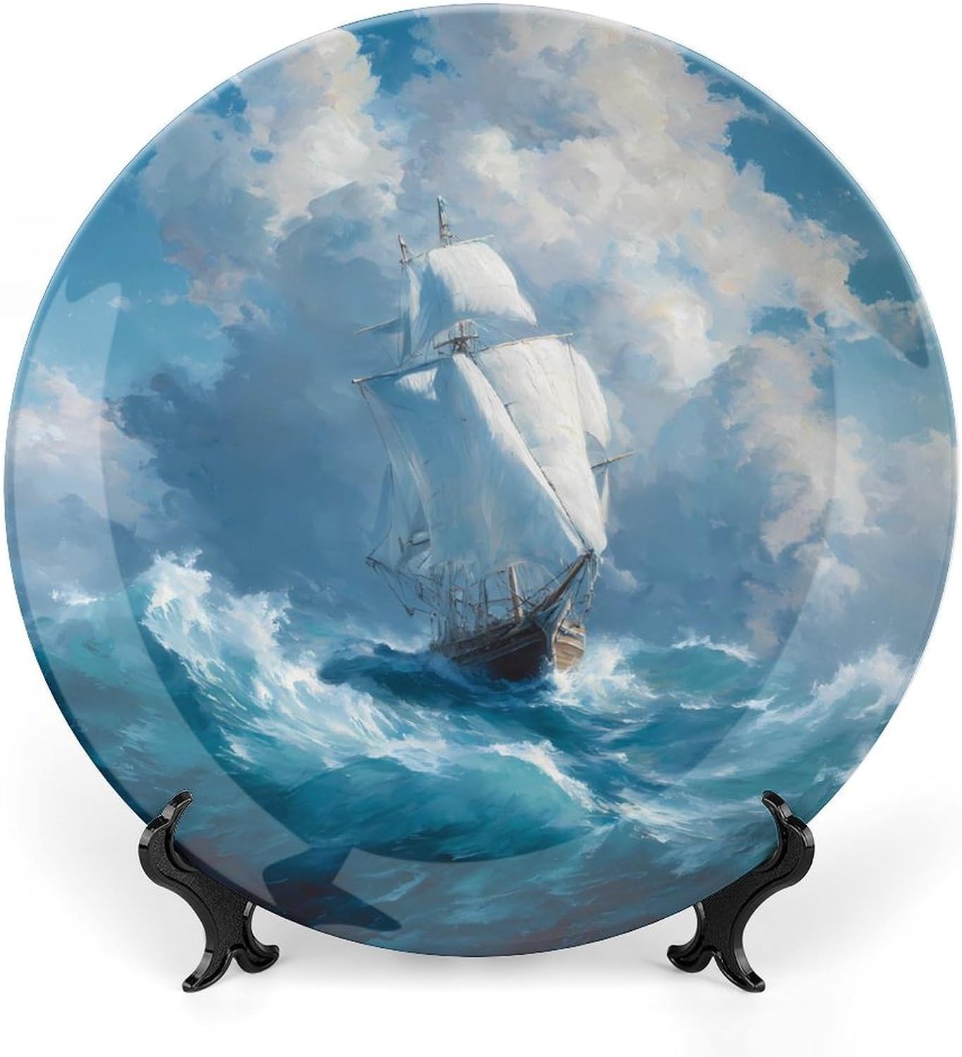 Sailboat Sails Sailing Navigation Decorative Plates for Display Ceramic Plate Tray with Stand Hanger Home Decor