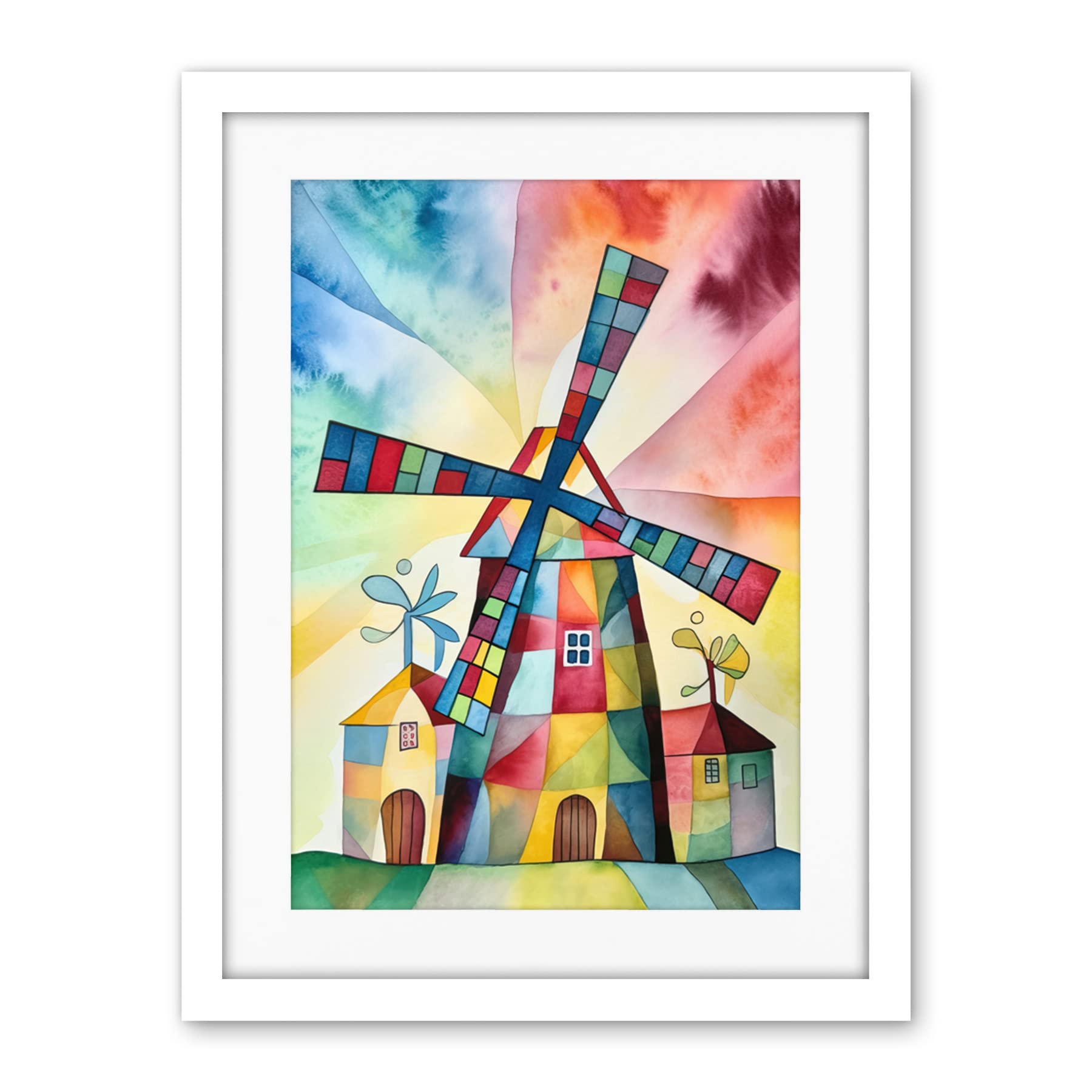 Artery8 Windmill Folk Art Abstract Bright Artwork Framed Wall Art Print 18X24 Inch