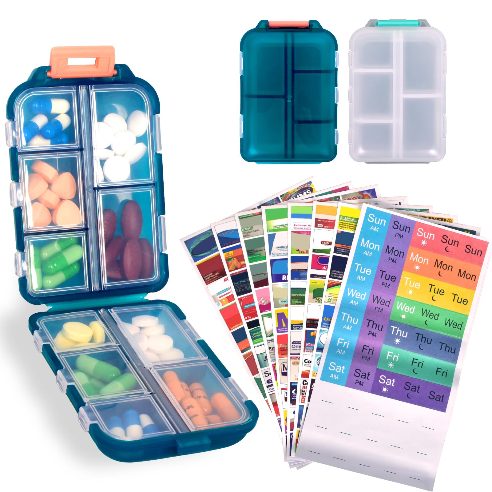 2 Pcs Travel Pill Organizer with Labels, Portable Travel Medicine Daily Pill Container Organizer 7 Day Pill Case Storage Vitamin Fish Oil (White &amp; Blue, 320 Medicine Lables)