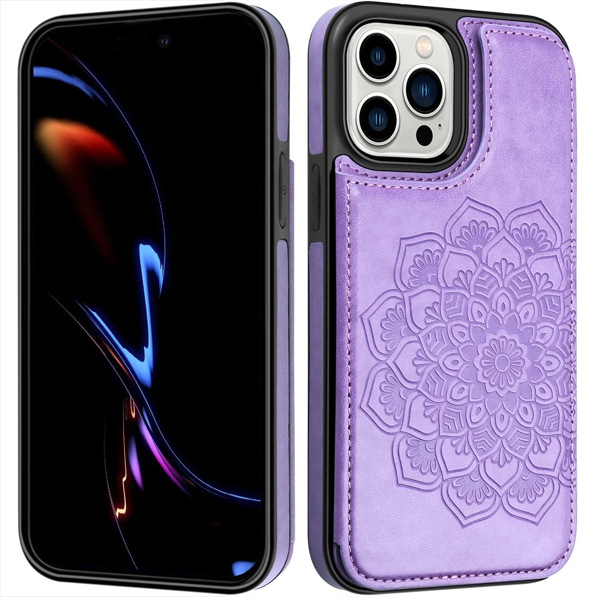 MMHUO for iPhone 14 Pro Case with Card Holder,Flower Magnetic Buttons Protective Wallet Case for Women for iPhone 14 Pro,Purple - Image 7