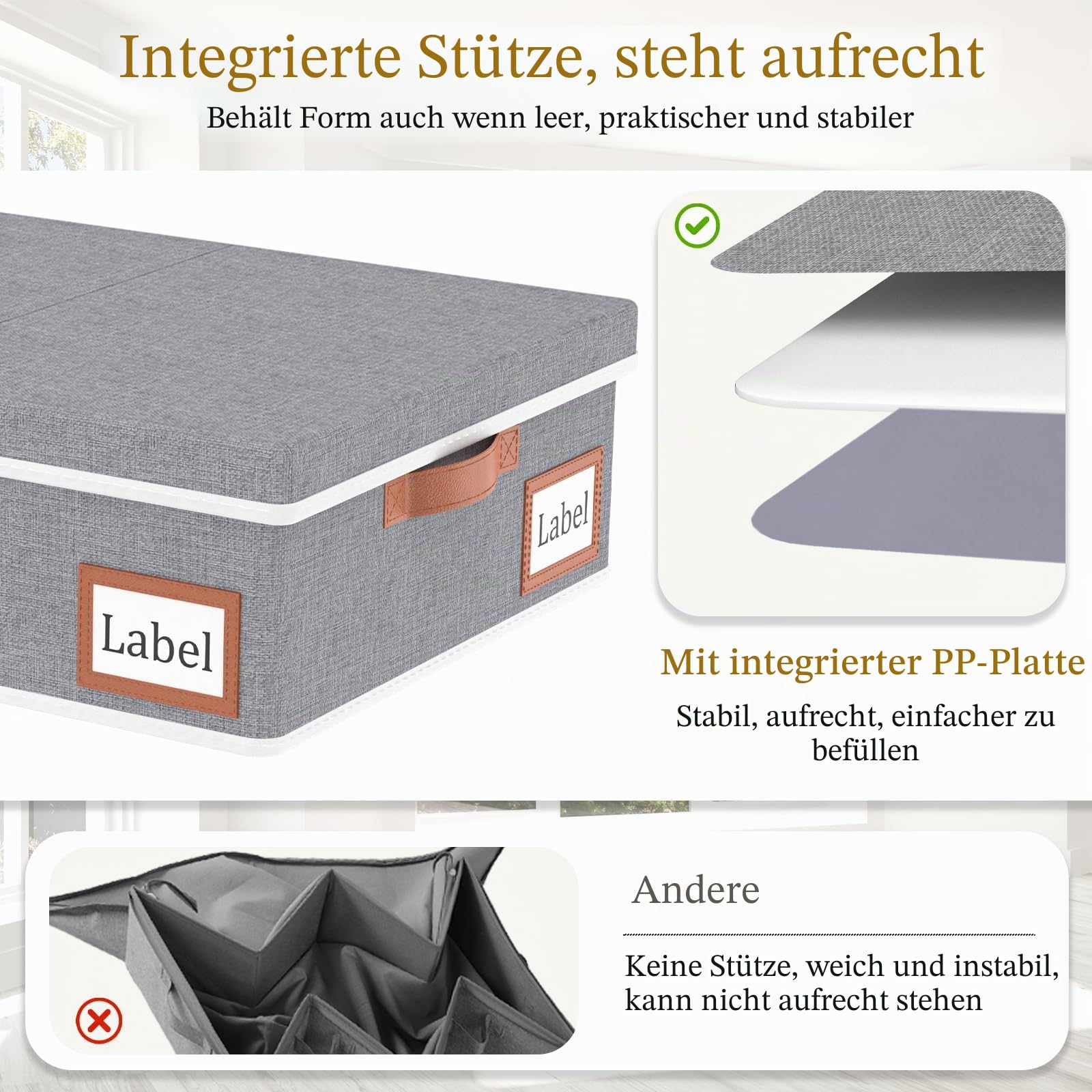 Yawinhe 3 Stück Unterbettkommode mit Deckel,48L Aufbewahrungsbox,Grau | Unterbett-Aufbewahrungstasche Faltbarer mit Griffen und Etikettentaschen,Kleideraufbewahrung für Bettdecken