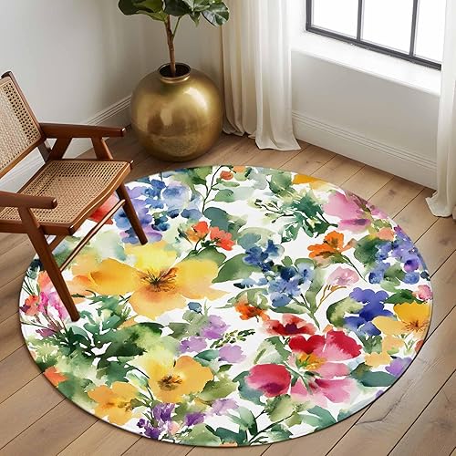 Miniatura 3 de 8ft Round Rug, Green Yellow Floral Non-Skid Rubber Backing Large Area Rugs - Living Room Bedroom Home Office, Purple Blue Watercolor Retro Leaf