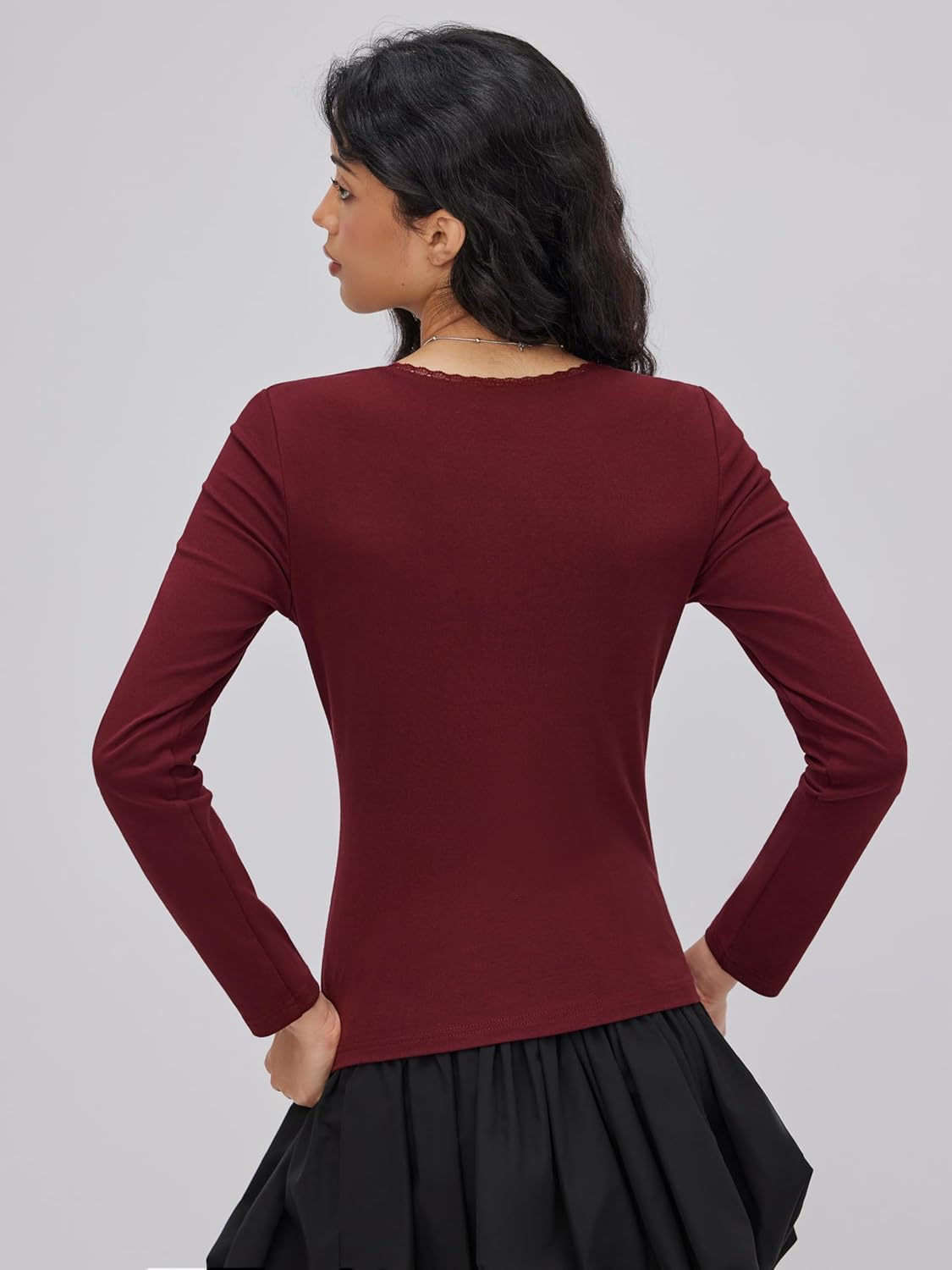 CIDER Womens Cute Lace Going Out Top Heart Applique Long Sleeve Trim Slim Fit Tee 2025 Fall - Image 5