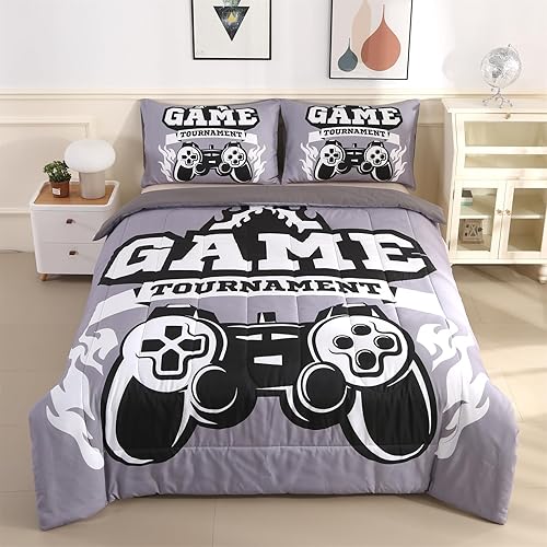 ENCOFT Juego de edredón de videojuegos para niños, juego de ropa de cama de control de videojuegos para niños, juego de ropa de cama de 3 piezas de