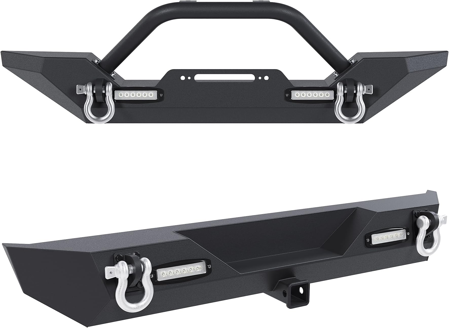 KUAFU Front & Rear Bumper Compatible With 1986-2006 Jeep Wrangler TJ YJ w/2 40W LED Lights & D rings & 2" Hitch Receiver Black Powder Coated Steel (2 Packages)