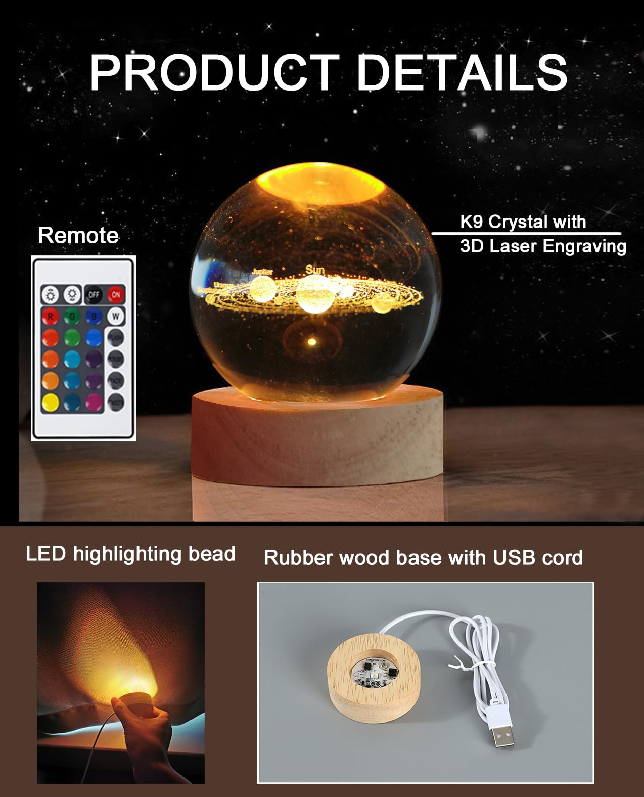 Zabalar 3D Crystal Ball Solar System Night Light with Colorful LED