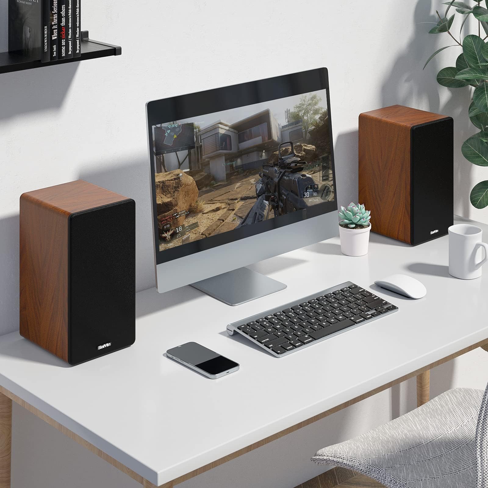 Saiyin Bluetooth Bookshelf, 40W X 2 Powered TV-Lautsprecher mit 4-Zoll-Tieftöner, Turntable-Lautsprecher mit optischem/AUX-Eingang/Subwoofer Line Out für PC und TVs