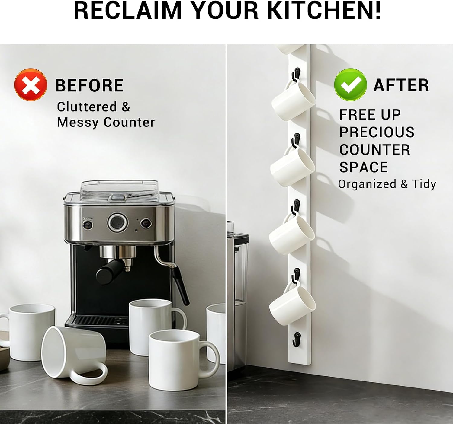 Vertical Wall Mounted Coffee Mug Rack, Wooden Coffee Mug Holder with 6 Hooks, Space-Saving Cup Organizer for Coffee Bar, Kitchen Wall & Rustic Home Decor (White)
