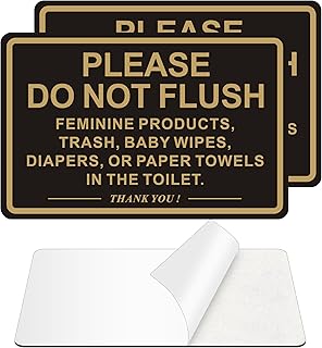 (2 PACK) Do Not Flush Sign for Bathroom, Self-adhesive Do Not Flush Anything Except Toilet Paper Sign, Aluminum Metal Signs for Business and Home (Black/Gold, 6 x 4 inches)
