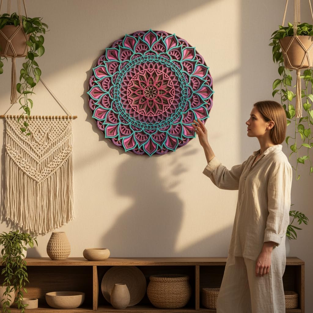 Anatoliawood Multilayer Colorful Mandala Wall Art – Large Pink & Brown Sacred Geometry Wooden Home Decor, Laser Cut Mandala Wall Hanging – 70 cm (27.5 Inch)