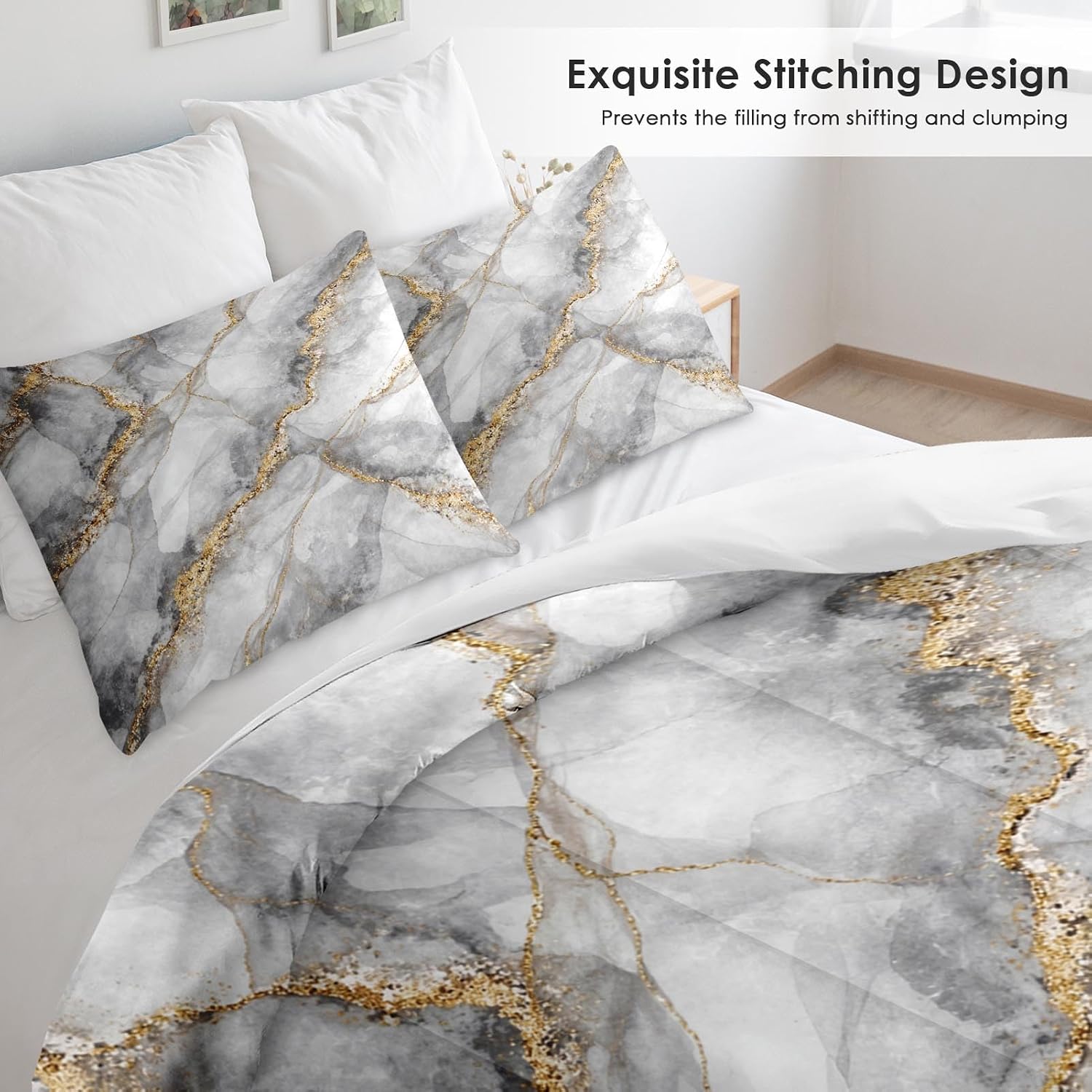 Pamnest Queen Comforter Set, 3 Pieces Marble Black Bedding, All Season | Gray Gold Stone Soft Comforter for Kids and Adults Room Bedroom Bed Decor, 2 Pillowcases