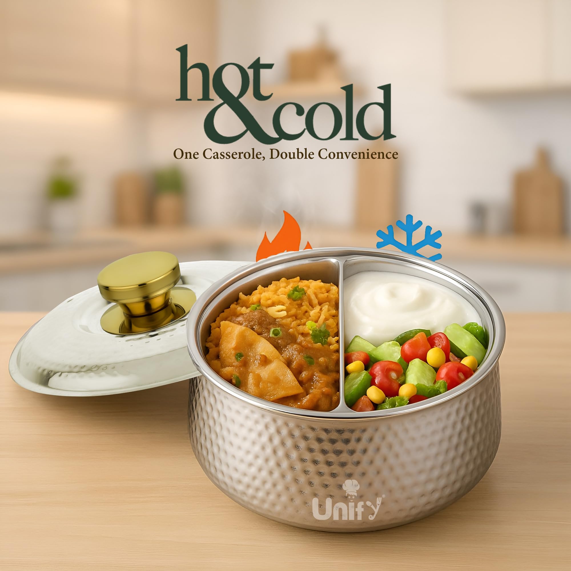 Unify Inox Stainless Steel Insulated Casserole Hot Pot 1600 ML with PVD Gold Plated Handle | Hammered Finish Roti Server & Chapati Box | Food-Grade BPA Free | Keeps Food Fresh (Silver) 2