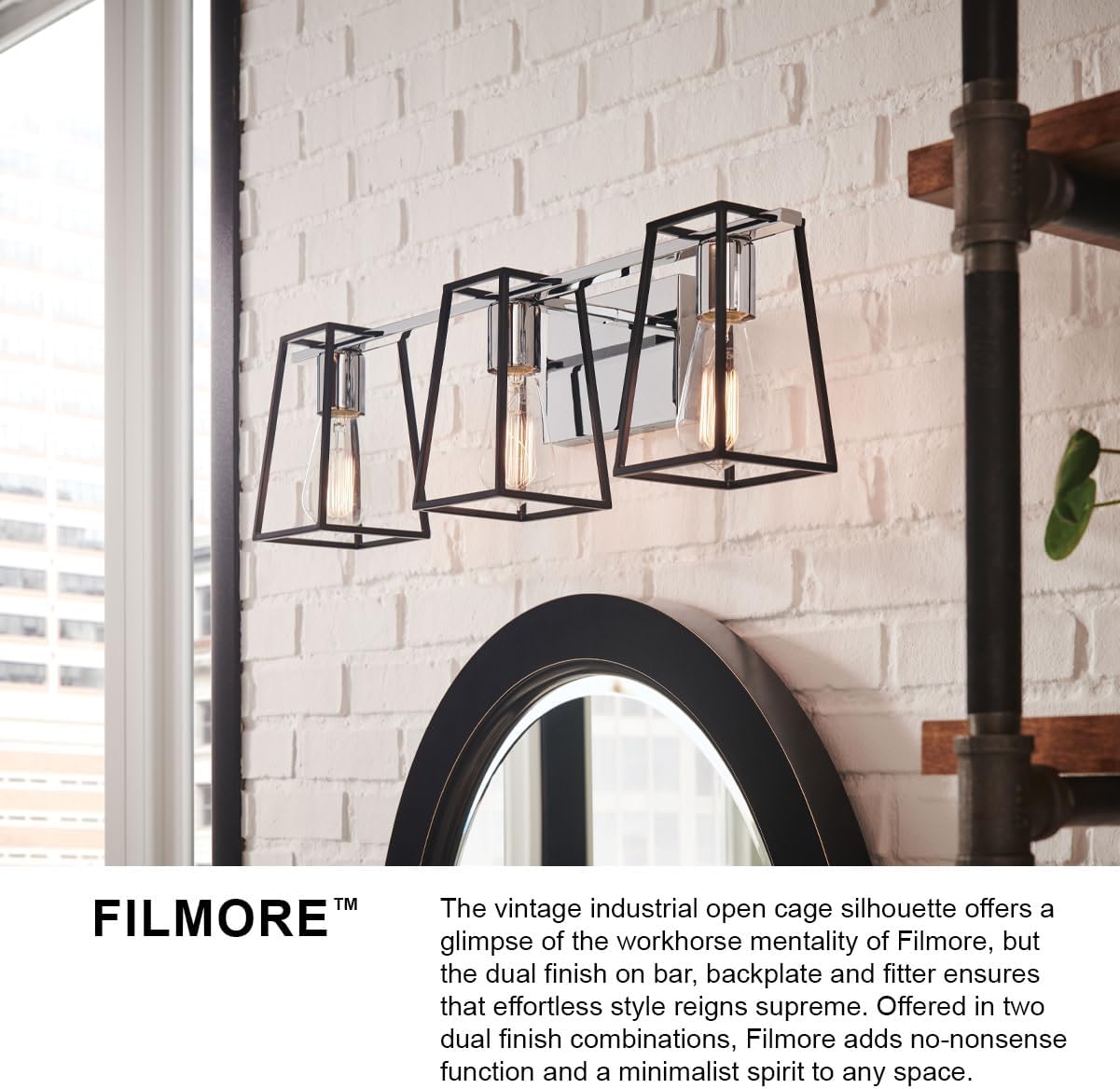 Hinkley Filmore Three Light Bath Vanity Fixture, Modern Industrial Trapezoid Open Cage, Mount Up or Down, in Chrome and Black Accents
