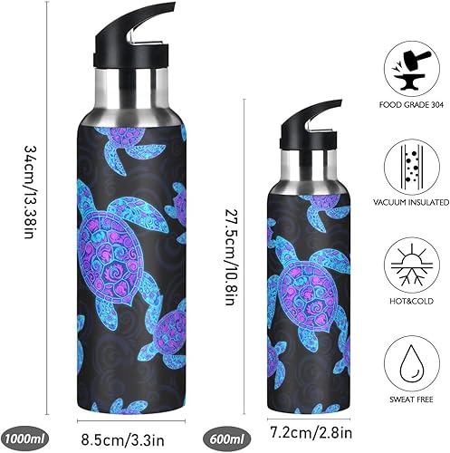 Miniatura 2 de BPA-Free Sports Water Bottle with Straw 32 Oz, Insulated Water Bottle for Gym Outdoor Travel School, Neon Sea Turtles Black
