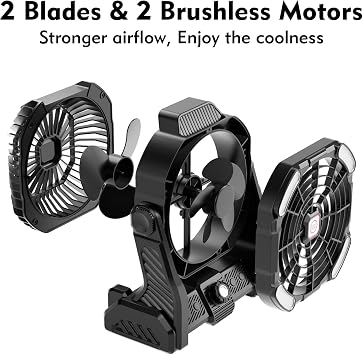 RUNTOP Portable Fan Rechargeable, 20000mAh Battery Powered Fan with LED Lantern,Table Fan, Battery Operated Fans for Travel Home Office Bedroom Camping Tent Beach Desk Fishing X26 Black