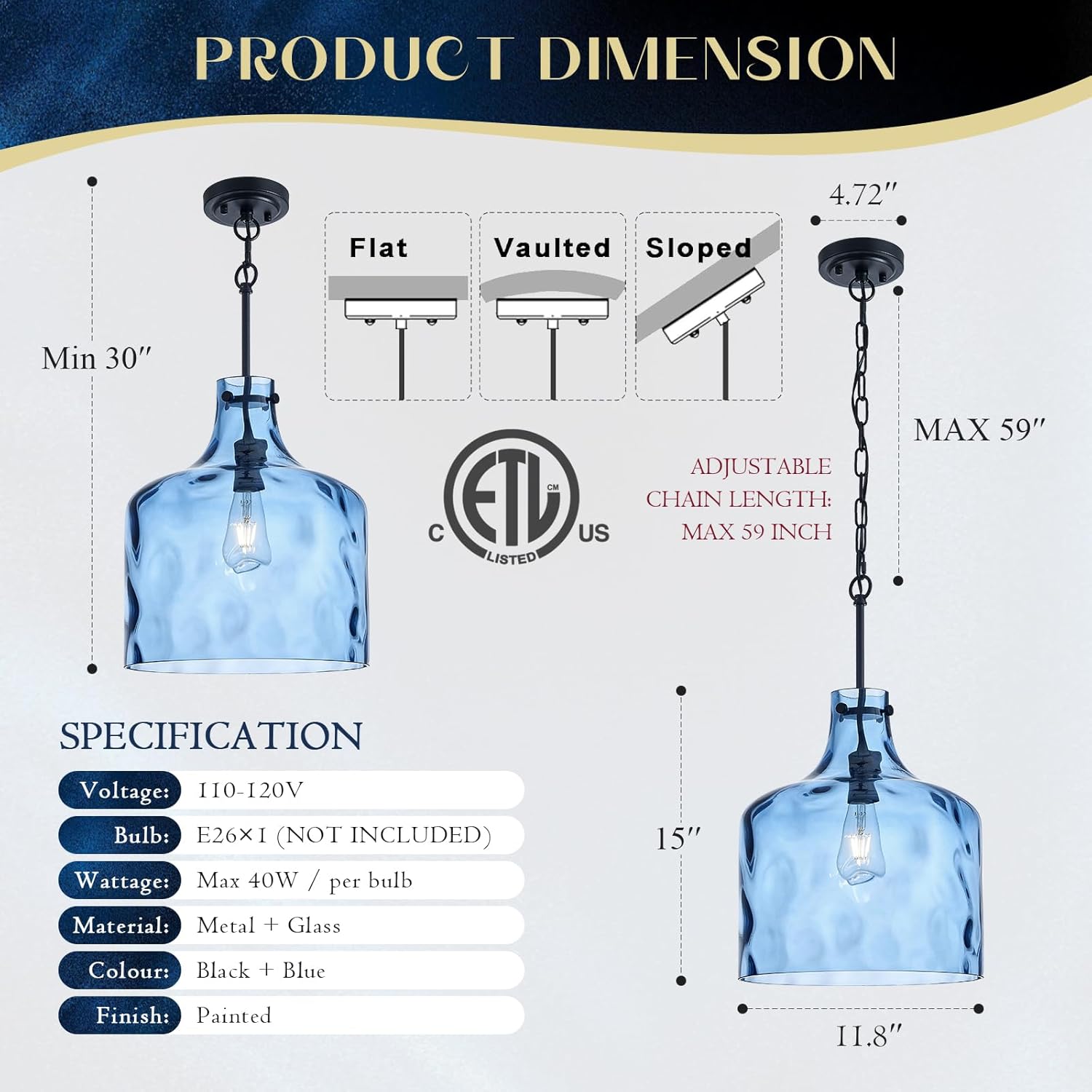 farmhouse pendant light – hand-blown blue hammered glass shade, black finish, e26 socket, adjustable chain hanging light fixture for kitchen island, dining room & hallway, 15" h x 12" d chain blue