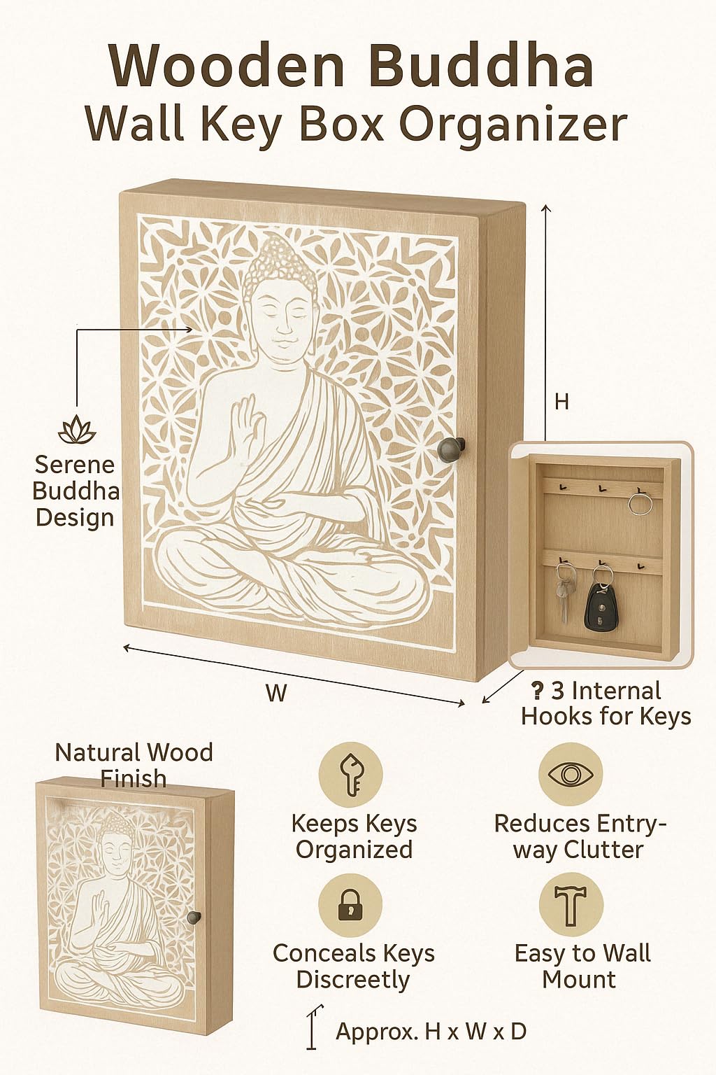 Webelkart Porte-clés En Bois Imprimé « Gautam Buddha » Assis De Qualité Supérieure Pour Décoration De Maison Et De Bureau | Porte-clés Pour La Maison (22,9 Cm, 7 Crochets