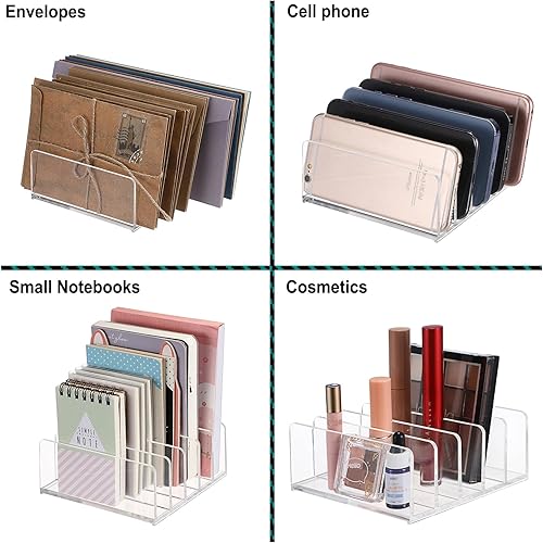 Miniatura 5 de Hipiwe Paquete de 2 organizadores de archivos acrílicos para clasificar correo, clasificador de letras de 5 ranuras, soporte divisor de billetes de