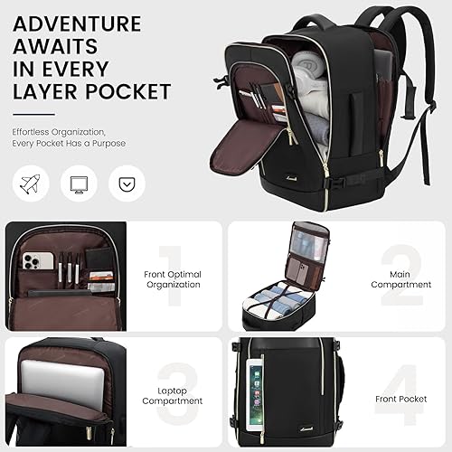 Miniatura 3 de LOVEVOOK Mochila de viaje para mujer, mochila de transporte de 40 L, bolsa de artículos personales con 3 cubos de embalaje, Negro -