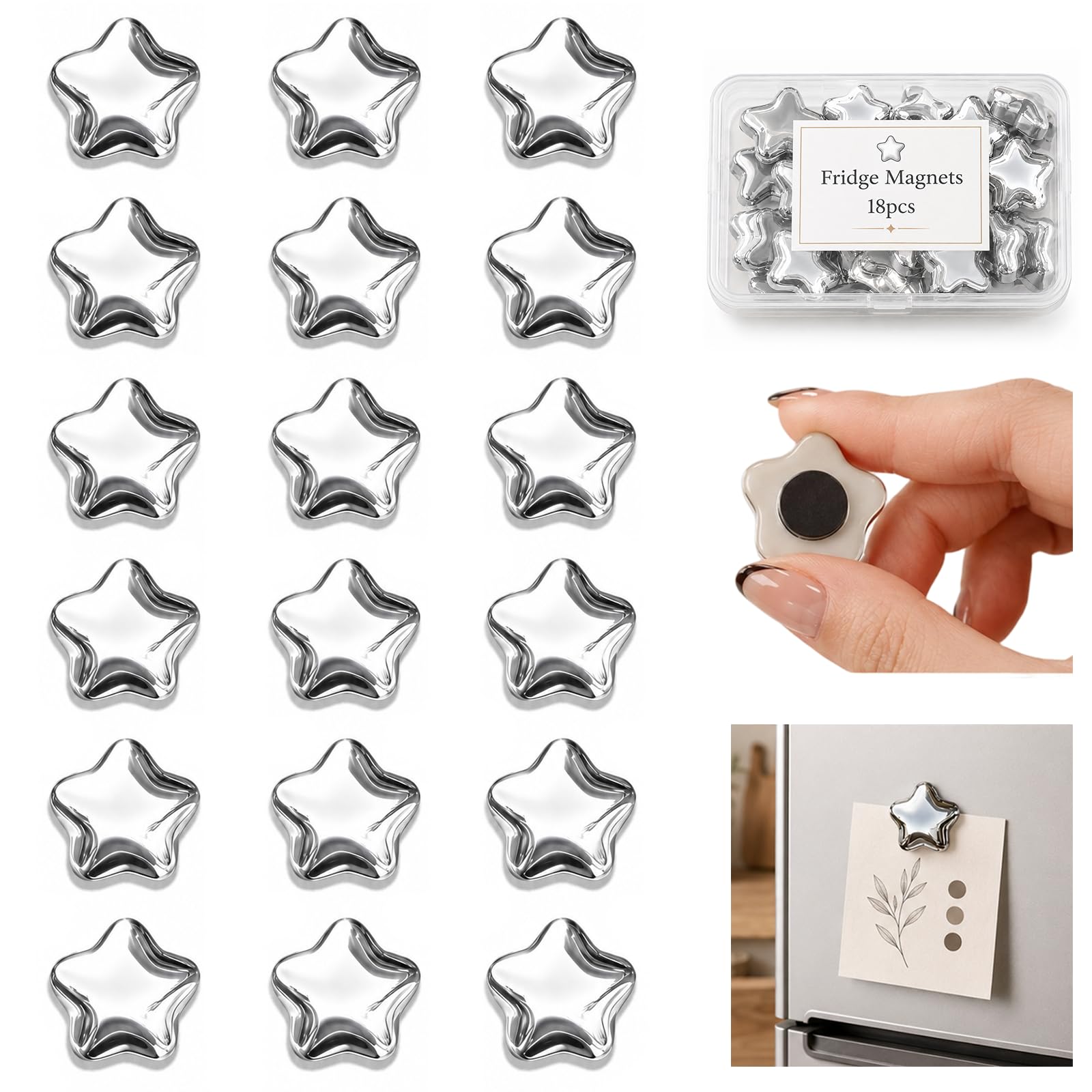 18Pcs Silver Star-Shaped Fridge Magnets