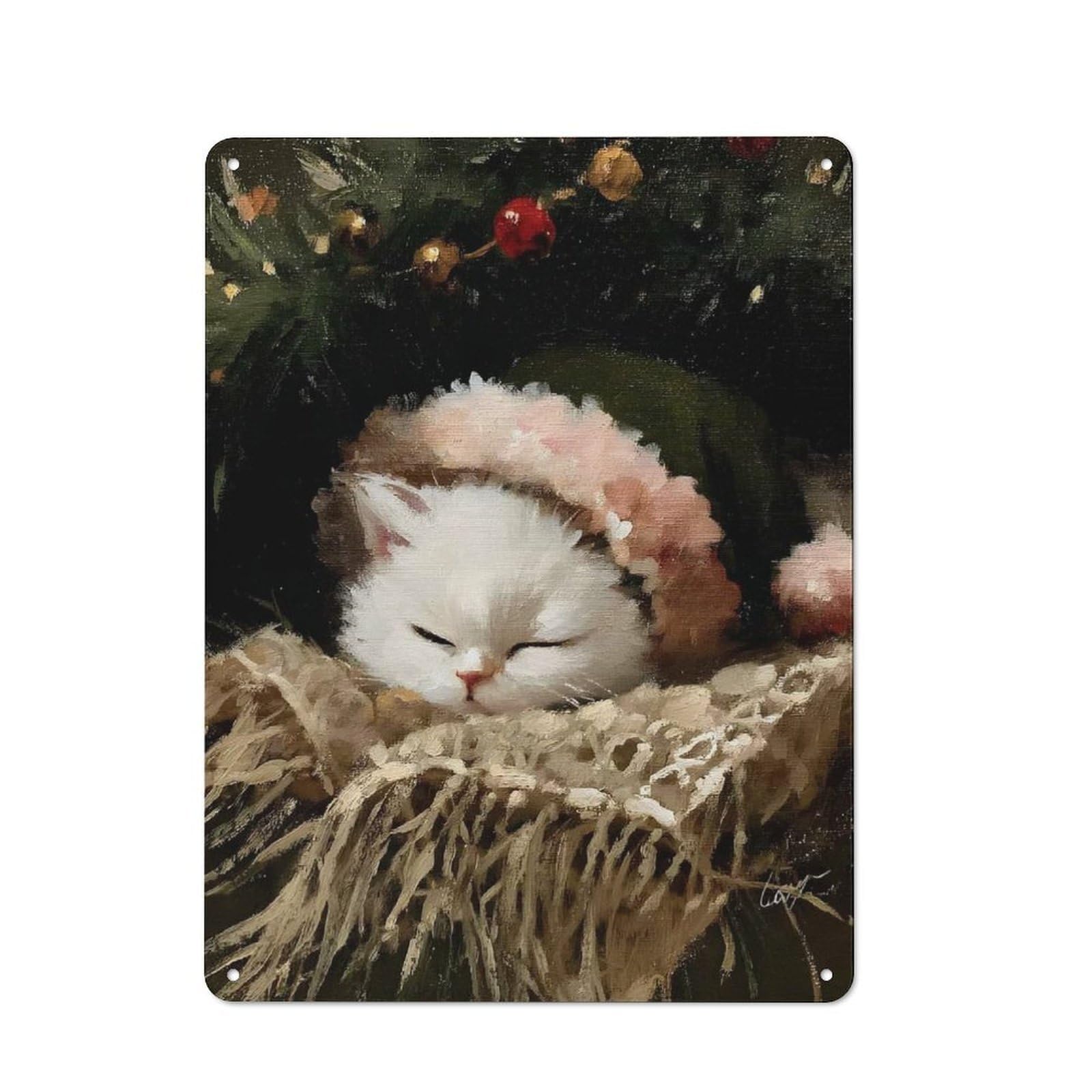 Junmoney Style-2 Sleeping Cat In Santa Hat Painting Retro Metal Sign 40X30cm For Living Room Or Hallway, For Updating Living Room And Hallway After Moving
